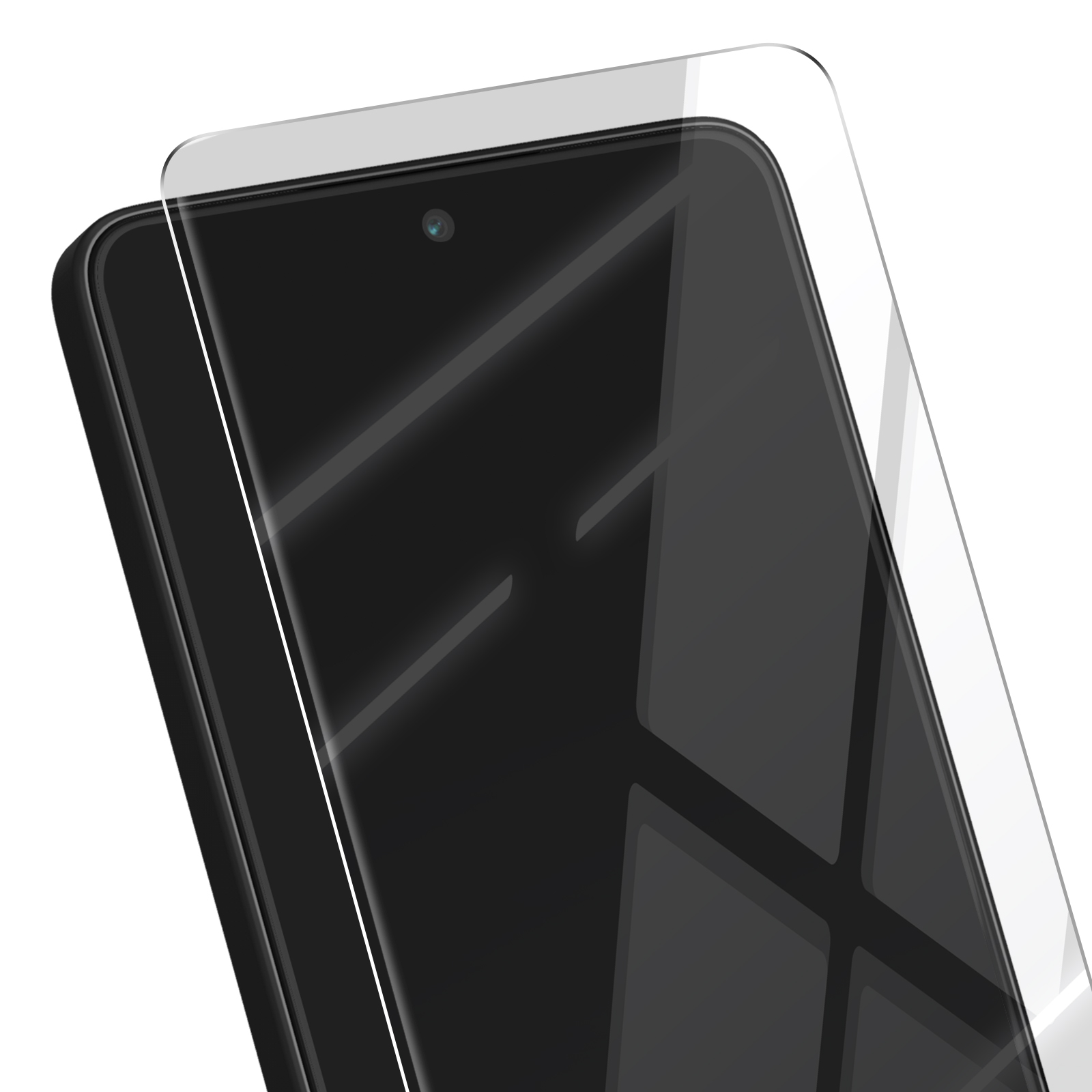 Uno smartphone nero con una protezione per lo schermo. Lo schermo riflette la luce. La protezione è trasparente.