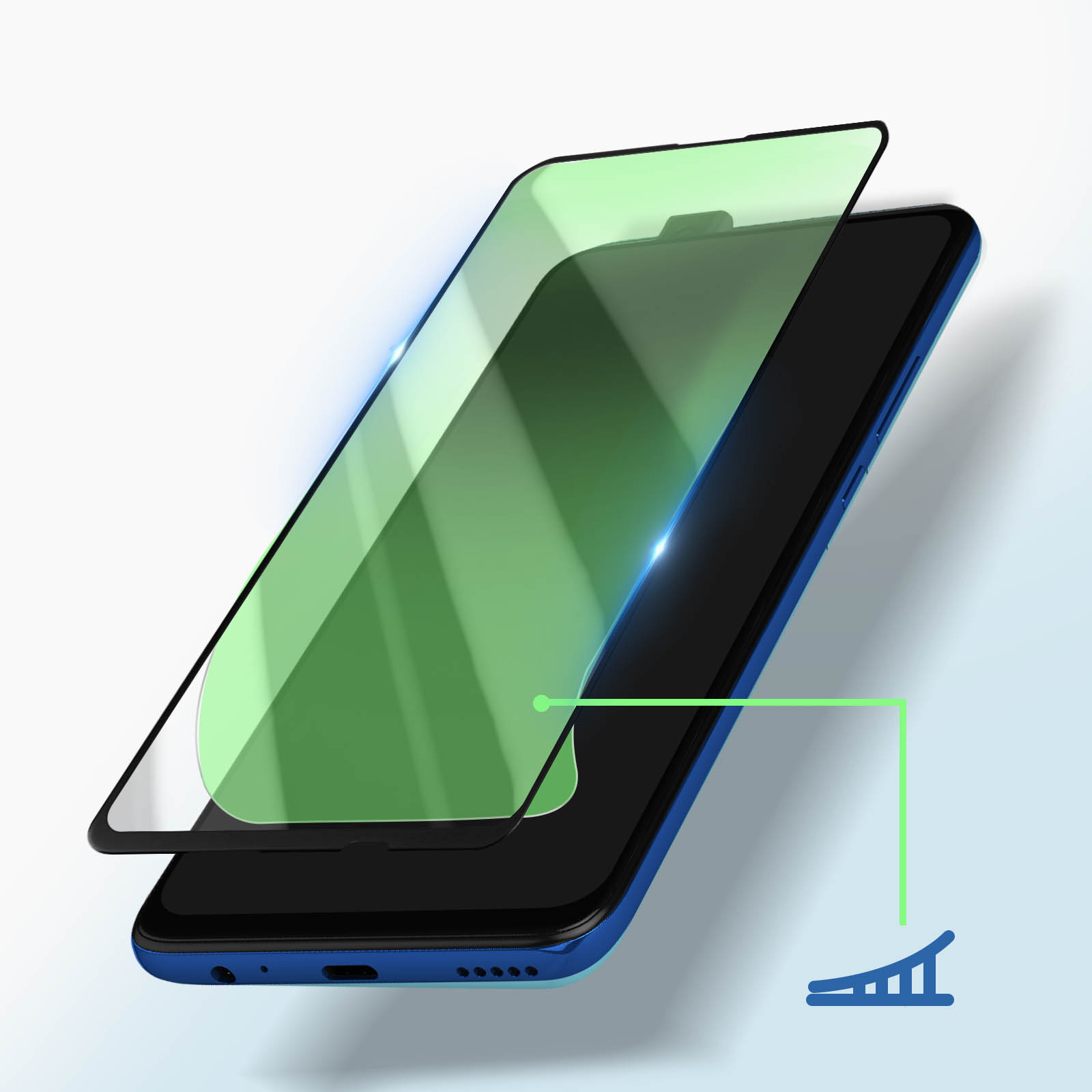 Uno smartphone con una protezione schermo verde. Il telefono è blu e una linea verde punta a un grafico.