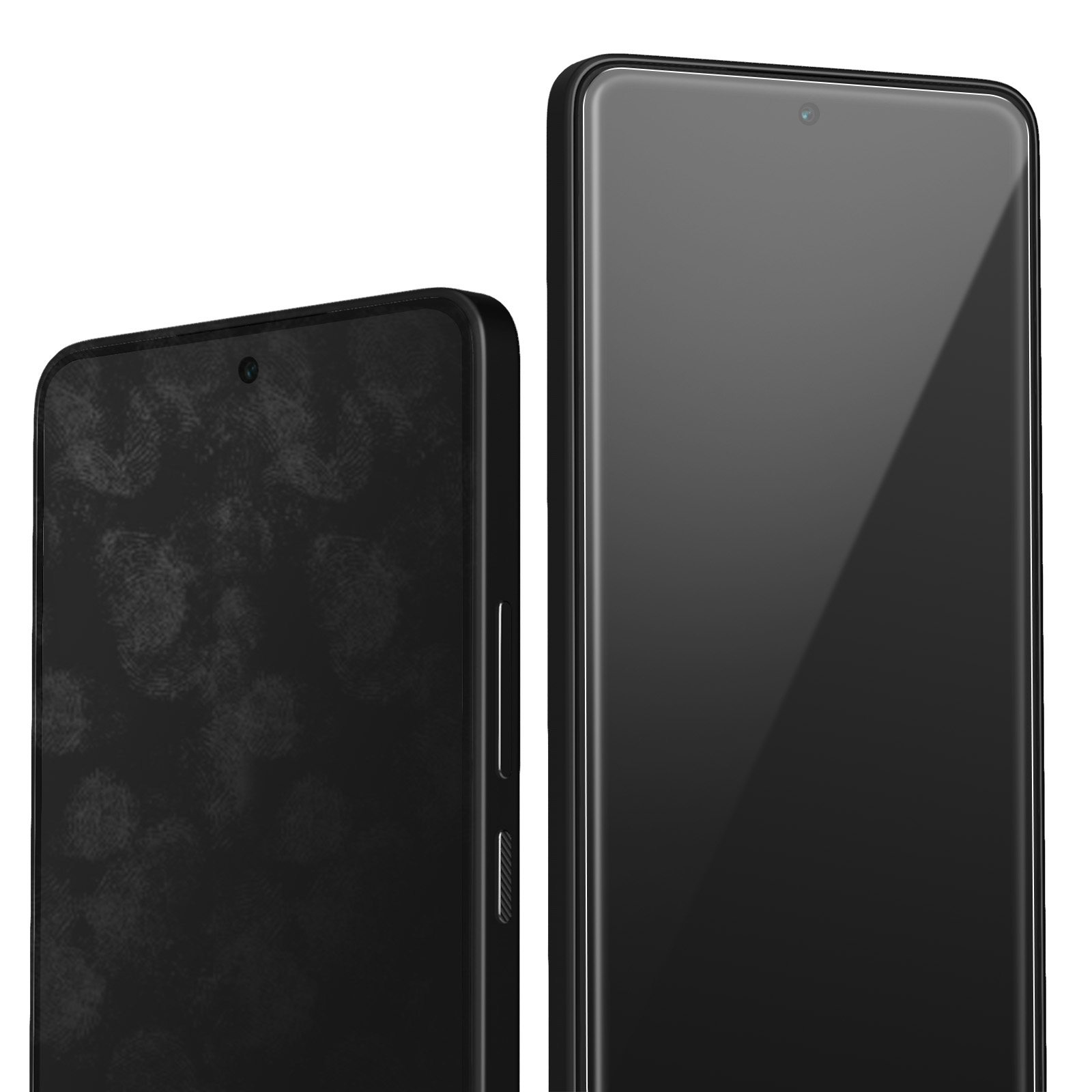 Due smartphone neri affiancati. Uno mostra impronte digitali, l'altro è pulito. Entrambi hanno fotocamere frontali.