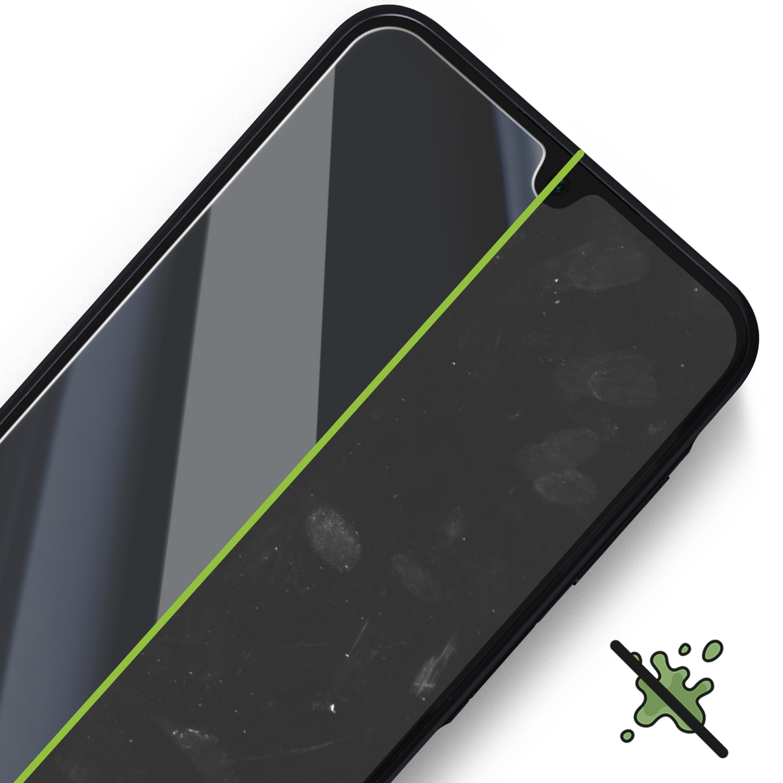 Una protezione per lo schermo del telefono, metà pulita e metà sporca. Una linea verde divide lo schermo. Un simbolo verde indica niente macchie.