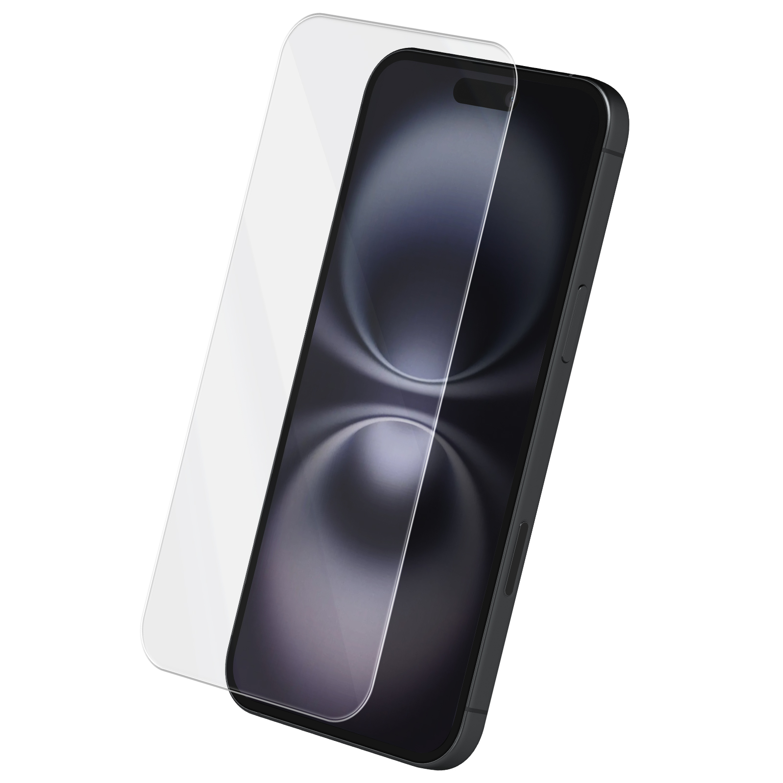 Uno smartphone con una protezione per lo schermo su sfondo bianco. Il telefono è nero, la protezione è trasparente.