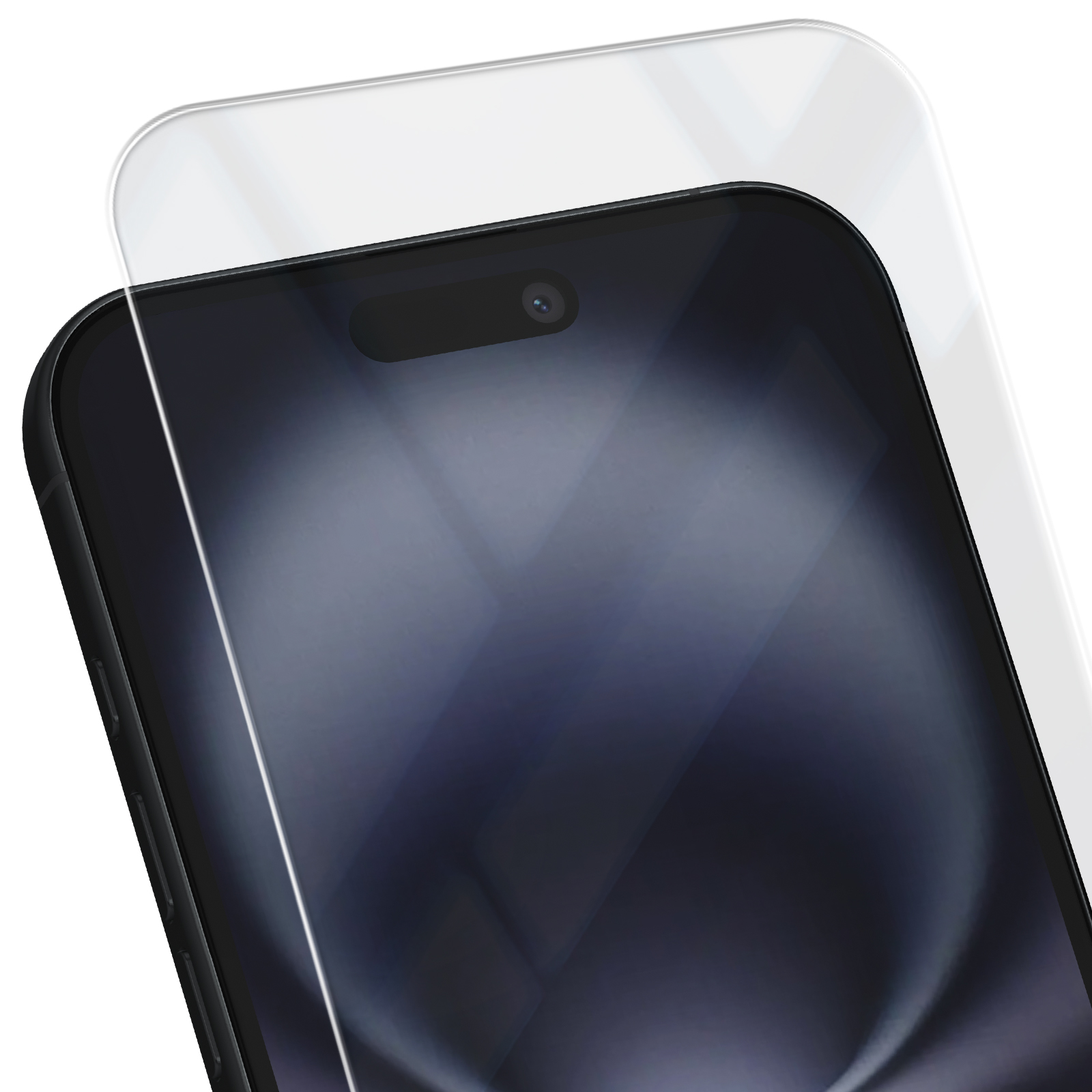 Primo piano di uno smartphone con protezione schermo. Il telefono è nero con una sovrapposizione di vetro.