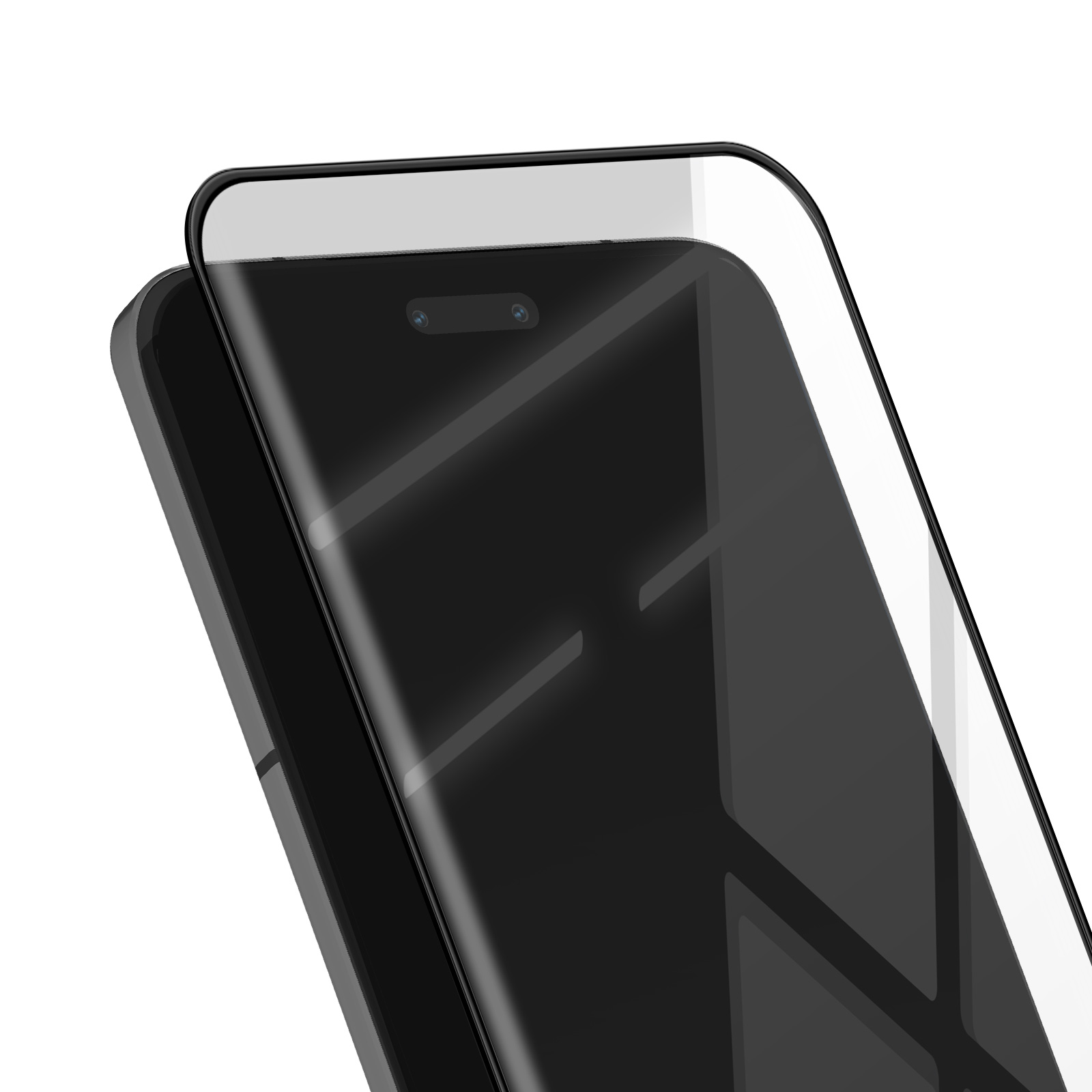 Una vista ravvicinata di uno smartphone nero con una protezione per lo schermo. Il telefono è nero, con un ritaglio per la fotocamera. Lo sfondo è bianco.
