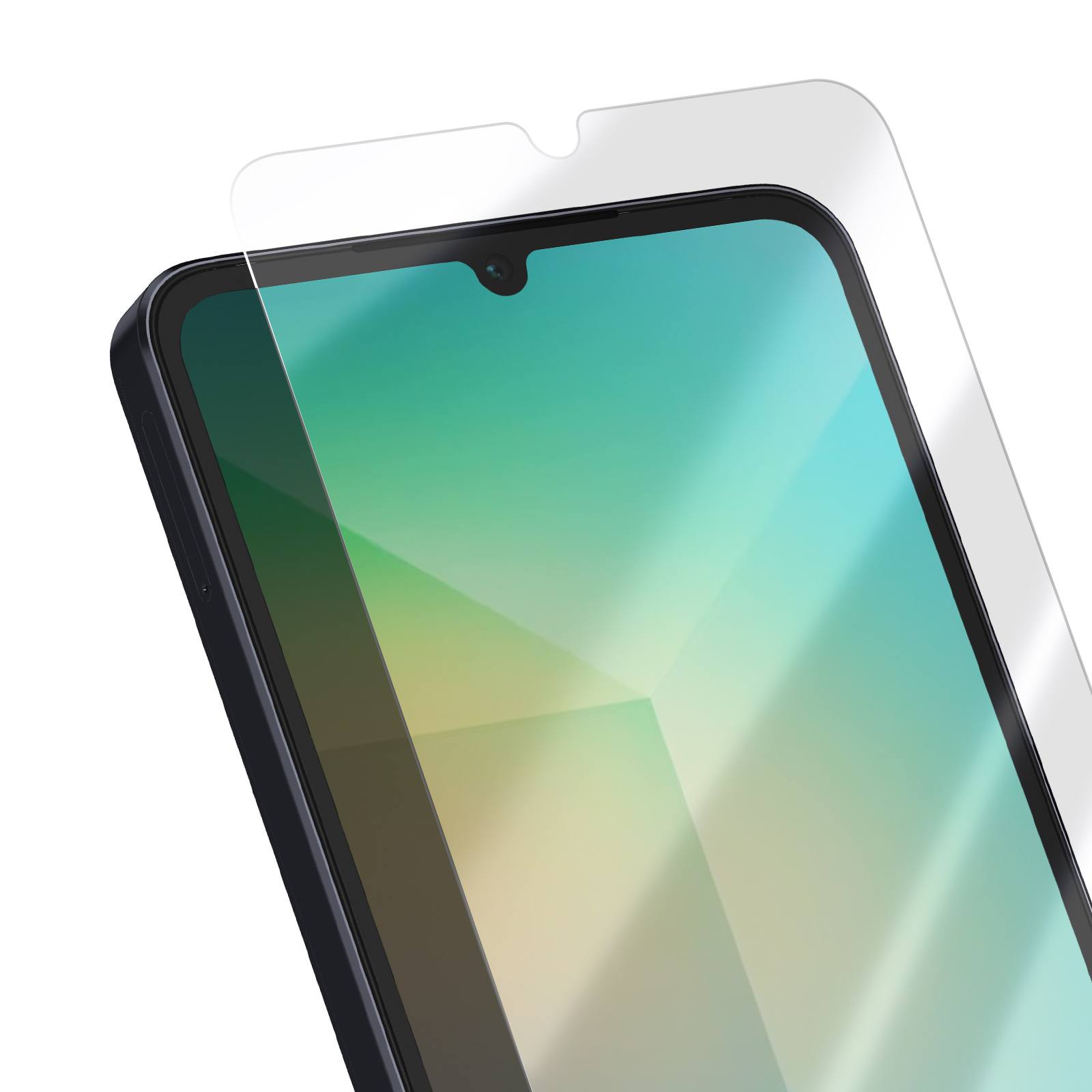 Uno smartphone con una protezione per lo schermo applicata. Lo schermo mostra un design astratto verde e giallo. La protezione è trasparente.