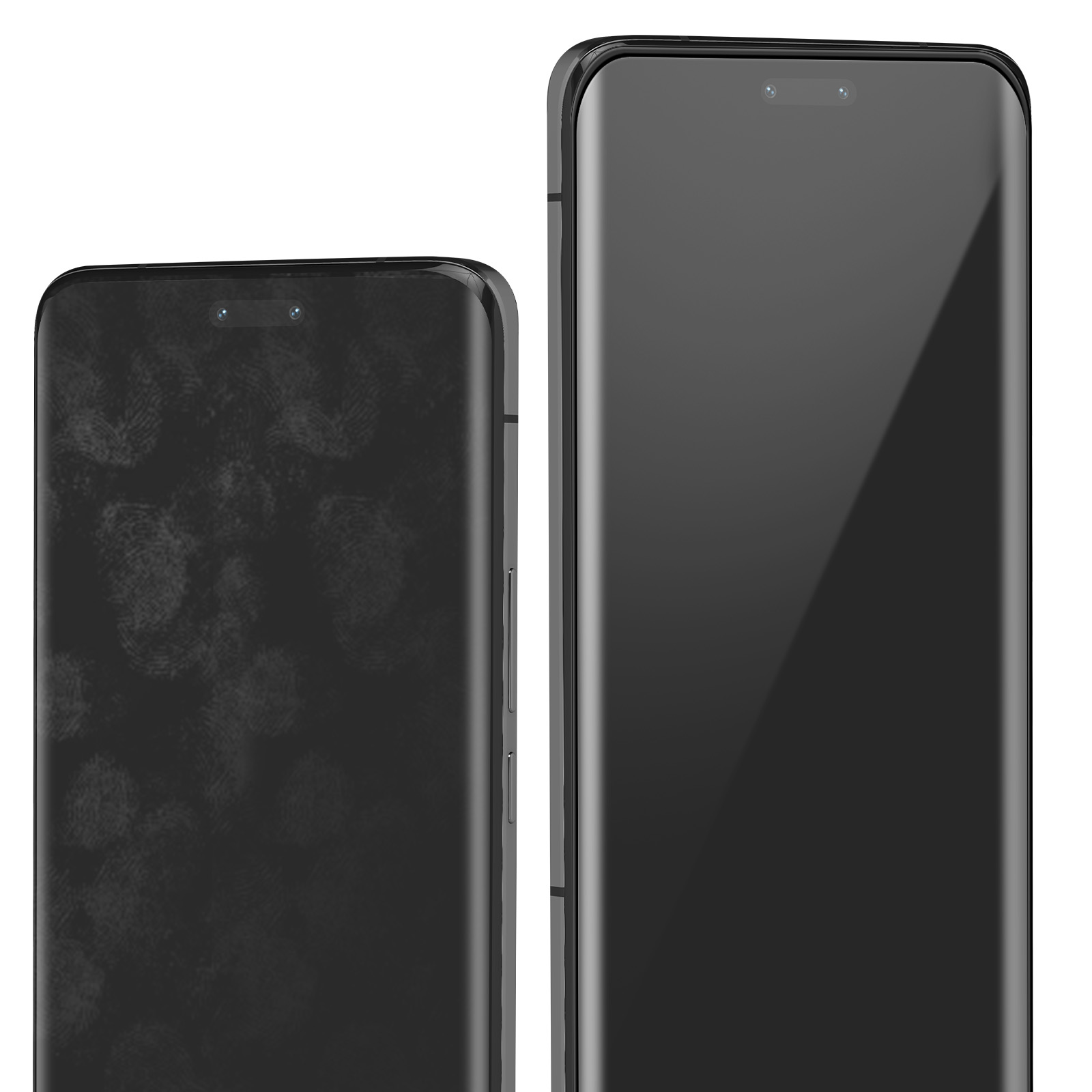 Due smartphone neri. Uno ha impronte digitali visibili, l'altro è pulito. Entrambi hanno fotocamere frontali e sono su sfondo bianco.
