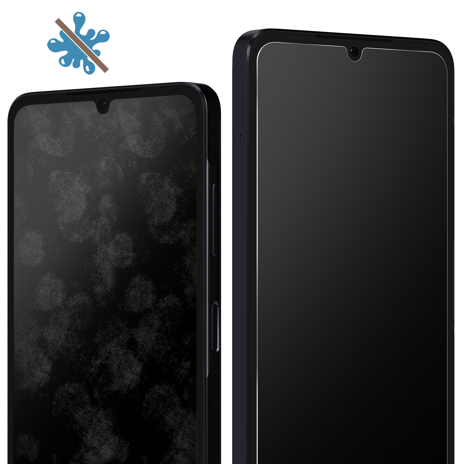 Due smartphone neri affiancati. Lo schermo sinistro ha impronte digitali, il destro è pulito. Un'icona di spruzzo d'acqua è sbarrata.