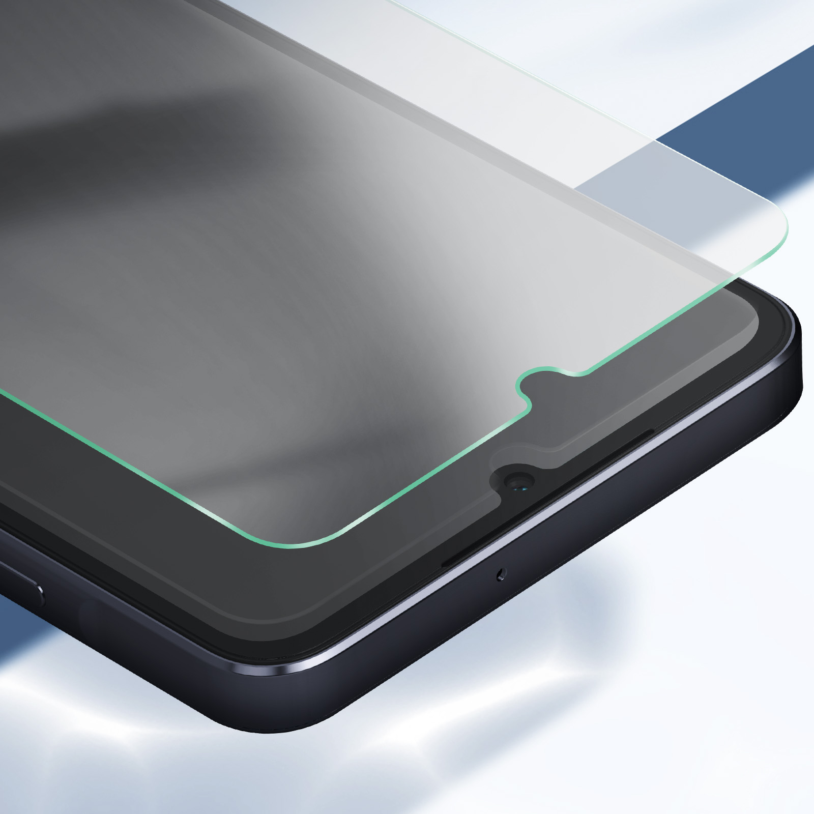 Uno smartphone con una protezione per lo schermo applicata. La protezione è leggermente rialzata e ha un bordo verde. Il telefono è nero.