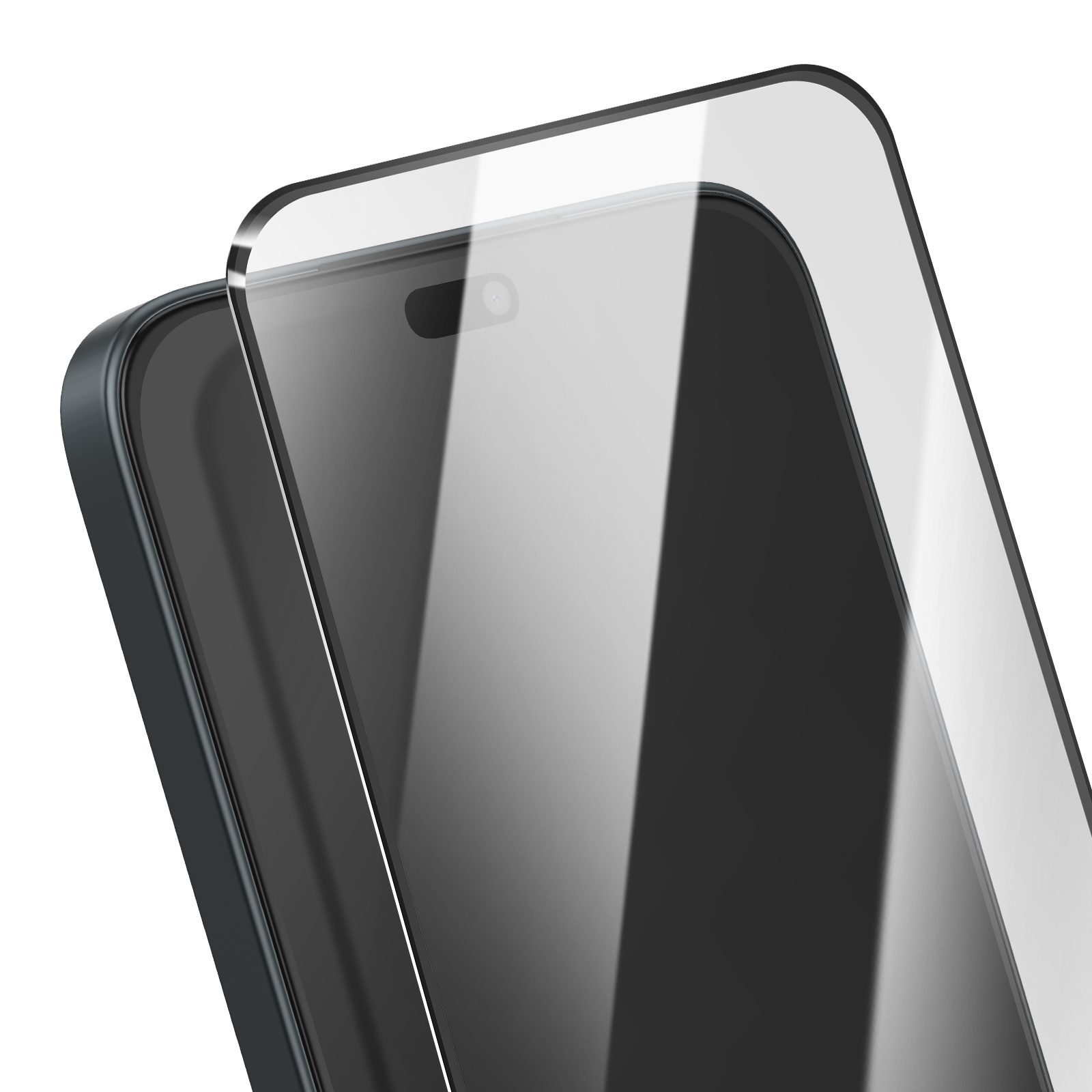 Primo piano di uno smartphone a cui viene applicata una protezione per lo schermo. Il telefono è nero, la protezione è trasparente.