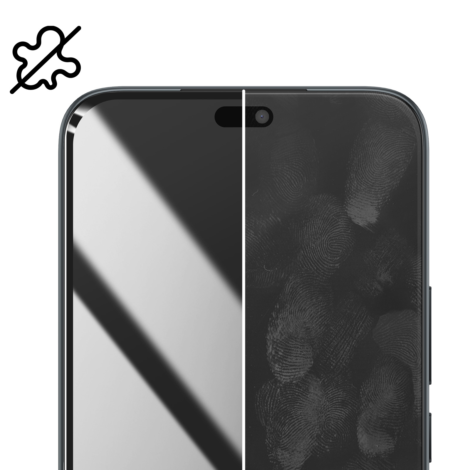 Uno schermo del telefono mostra un lato pulito contro un lato con impronte digitali. Un simbolo senza macchie è nell'angolo.