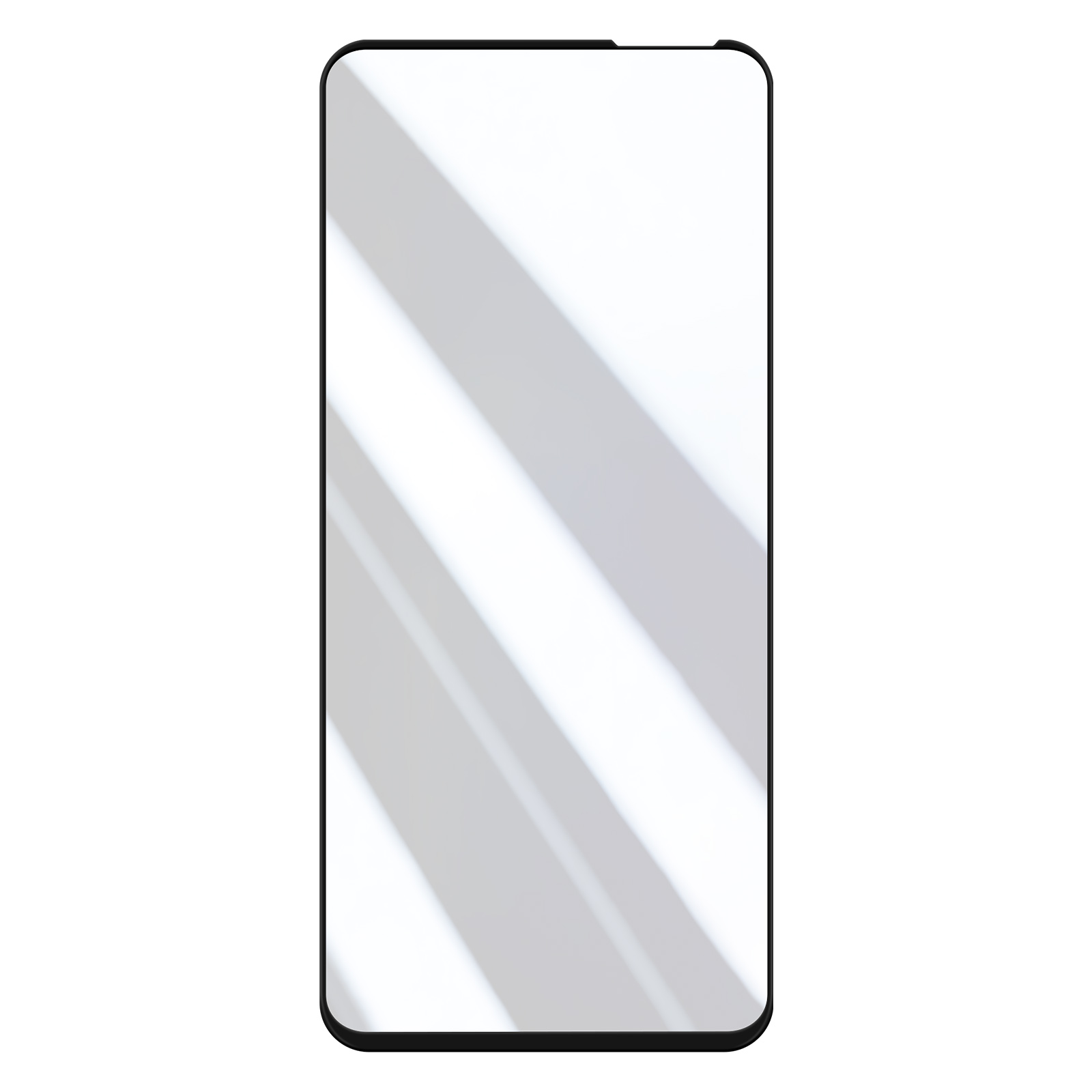 Uno schermo di smartphone con ombre della finestra. Il telefono ha una cornice nera e uno schermo bianco. Lo sfondo è bianco.
