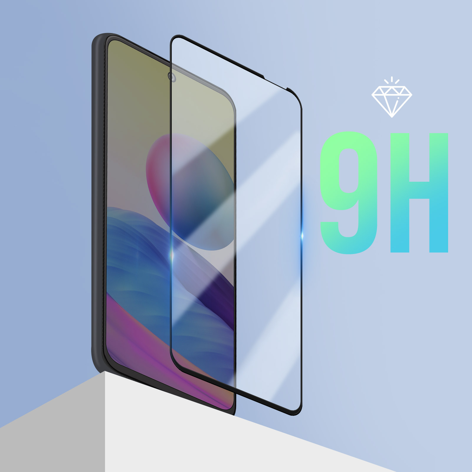 Un telefono con una protezione per lo schermo. La protezione è trasparente e copre parzialmente lo schermo. Lo sfondo ha il testo "9H" e l'icona del diamante.