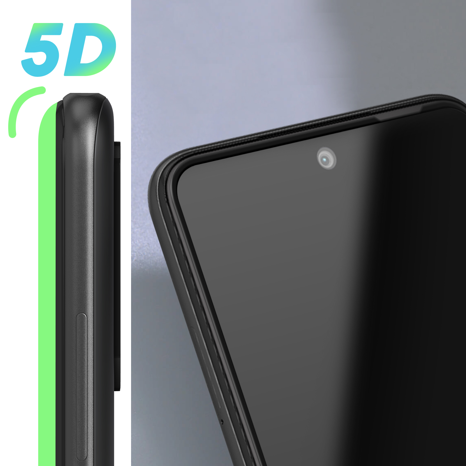 Primo piano di uno smartphone nero. Lo schermo è visibile, con un obiettivo della fotocamera. Testo '5D' e una curva verde a sinistra.
