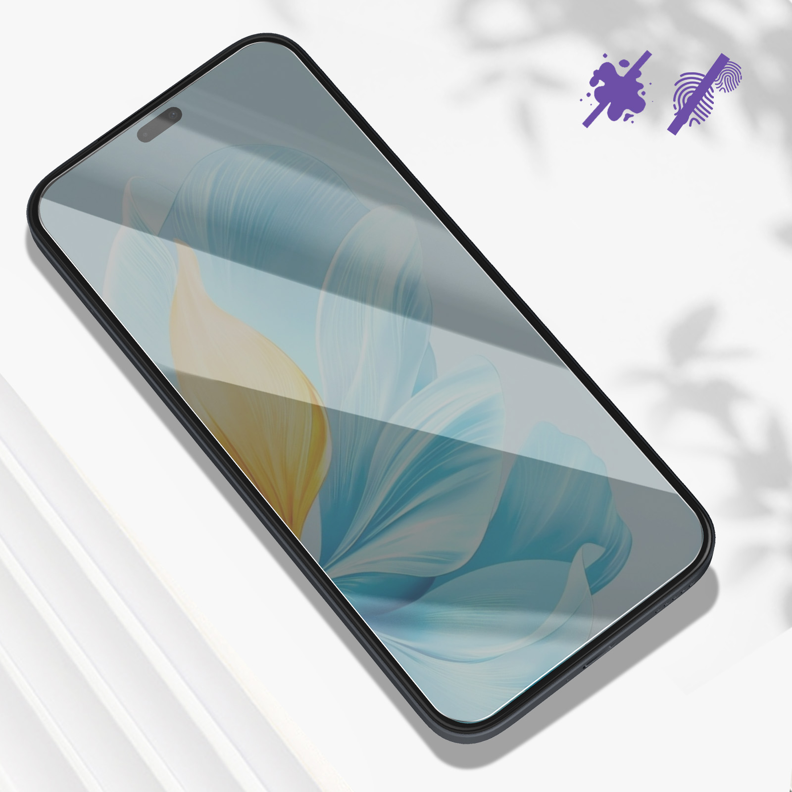 Smartphone con protezione schermo, mostra un disegno floreale. Simboli viola indicano resistenza a macchie e impronte digitali.