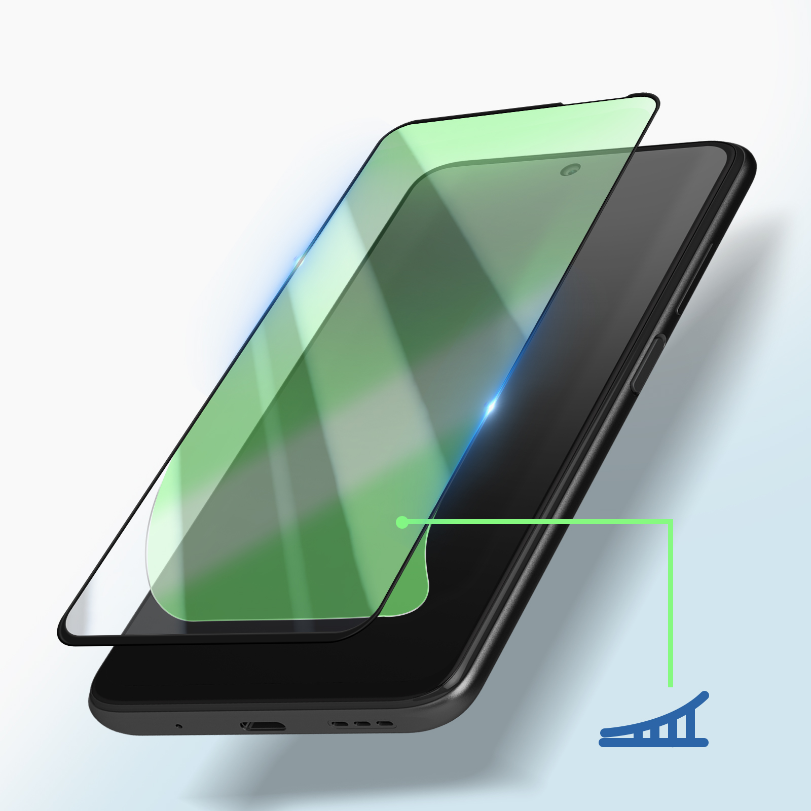 Uno smartphone nero con protezione schermo verde, linea verde e icona grafico blu.