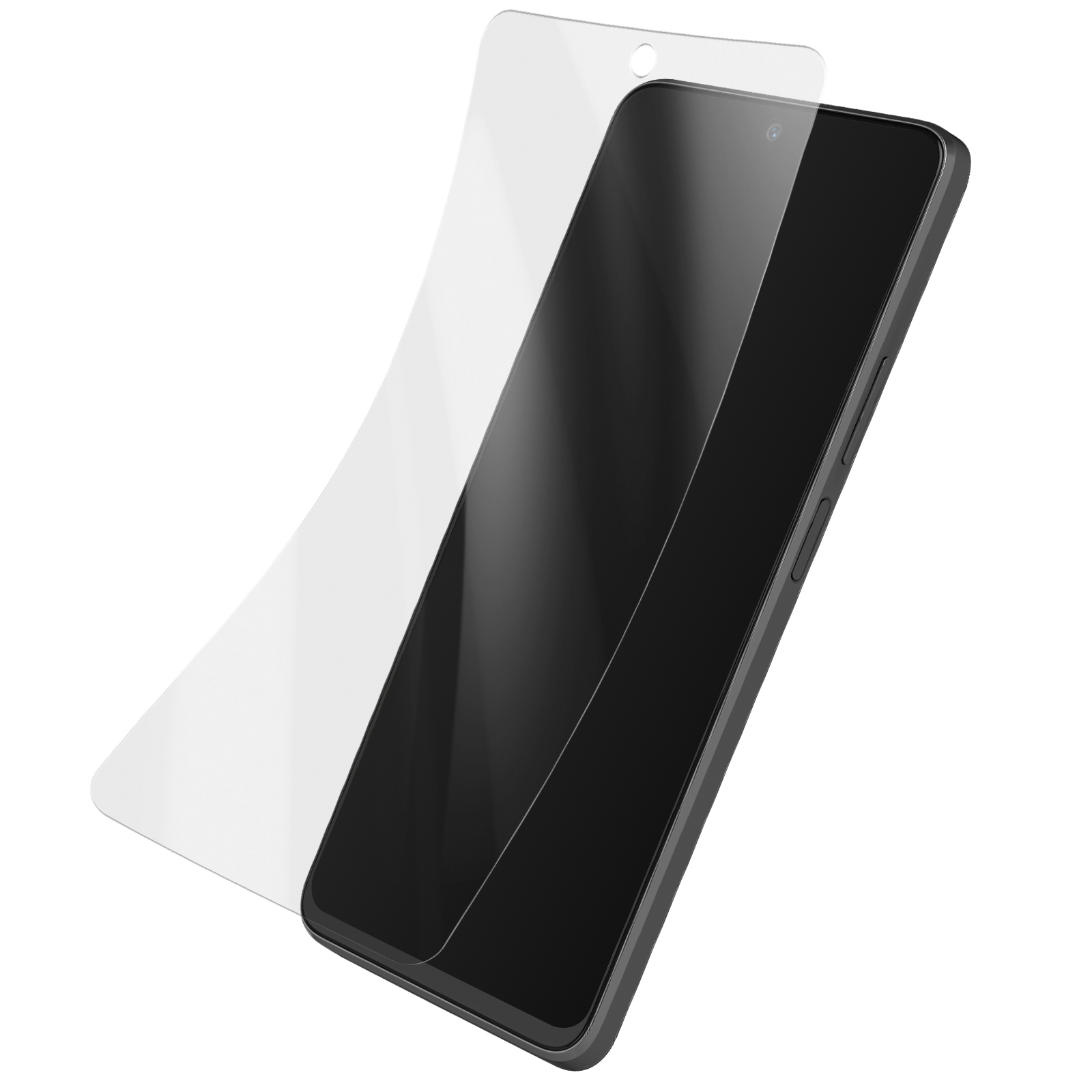 Uno smartphone con protezione schermo. Lo schermo è nero, la protezione trasparente. Il telefono è grigio.