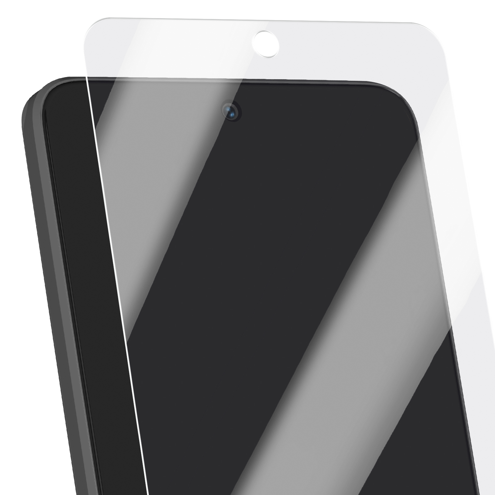 Uno smartphone con una protezione per lo schermo applicata. Il telefono è nero, la protezione è trasparente. È visibile un obiettivo della fotocamera.