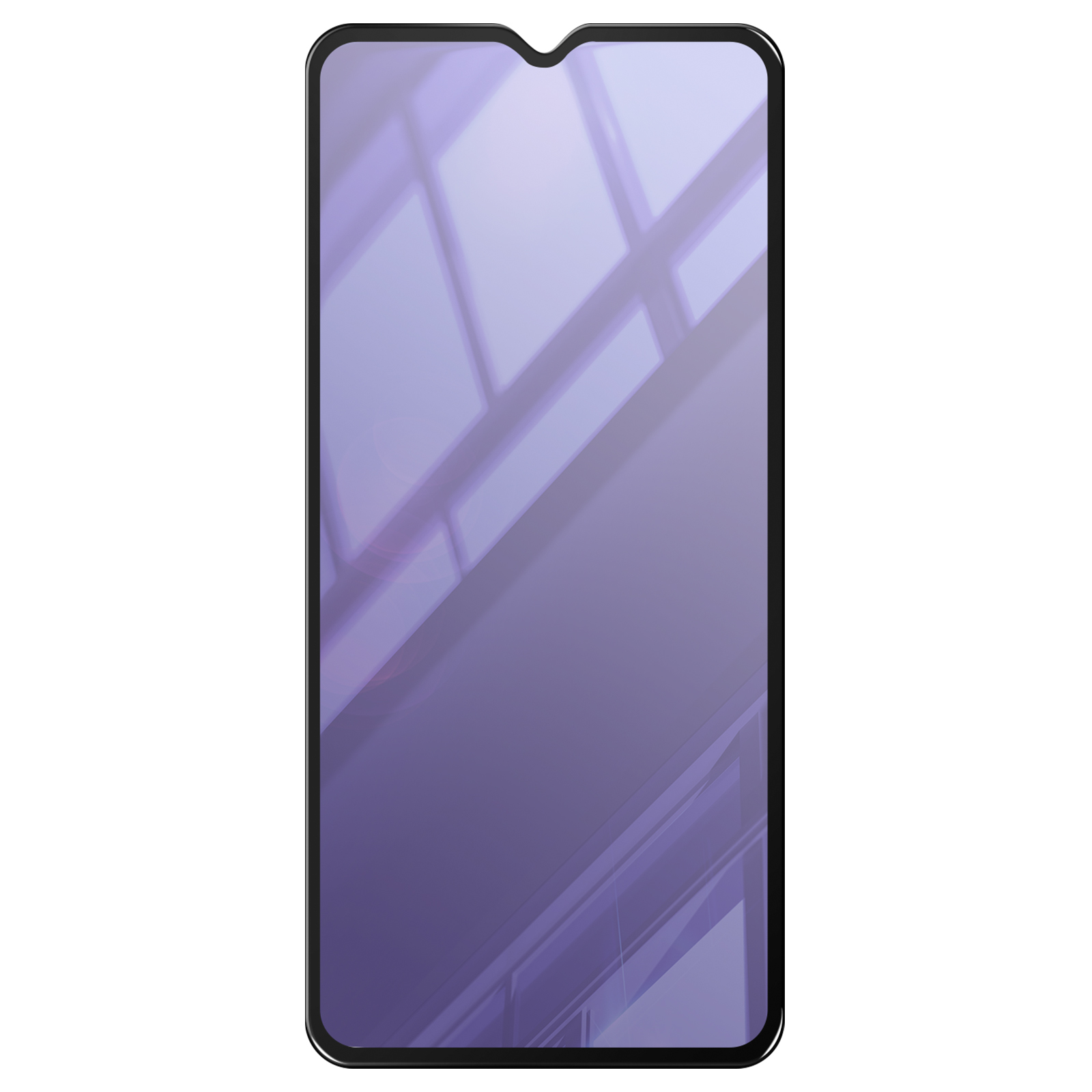 Una protezione schermo per smartphone. Lo schermo è viola e riflette un motivo geometrico. La cornice è nera, su sfondo bianco.