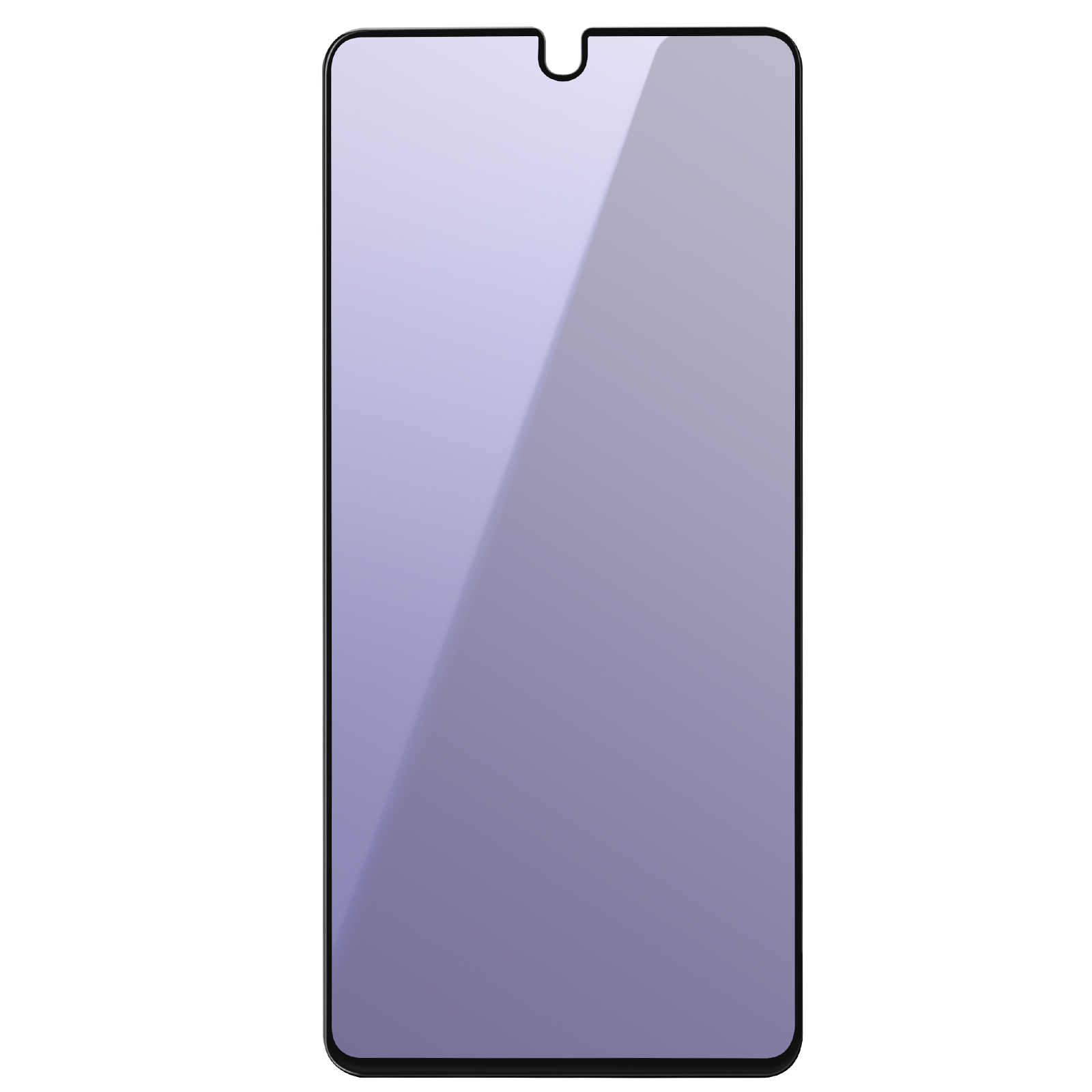 Una protezione per lo schermo del telefono con una tacca in alto. È viola e riflette la luce. I bordi sono neri.