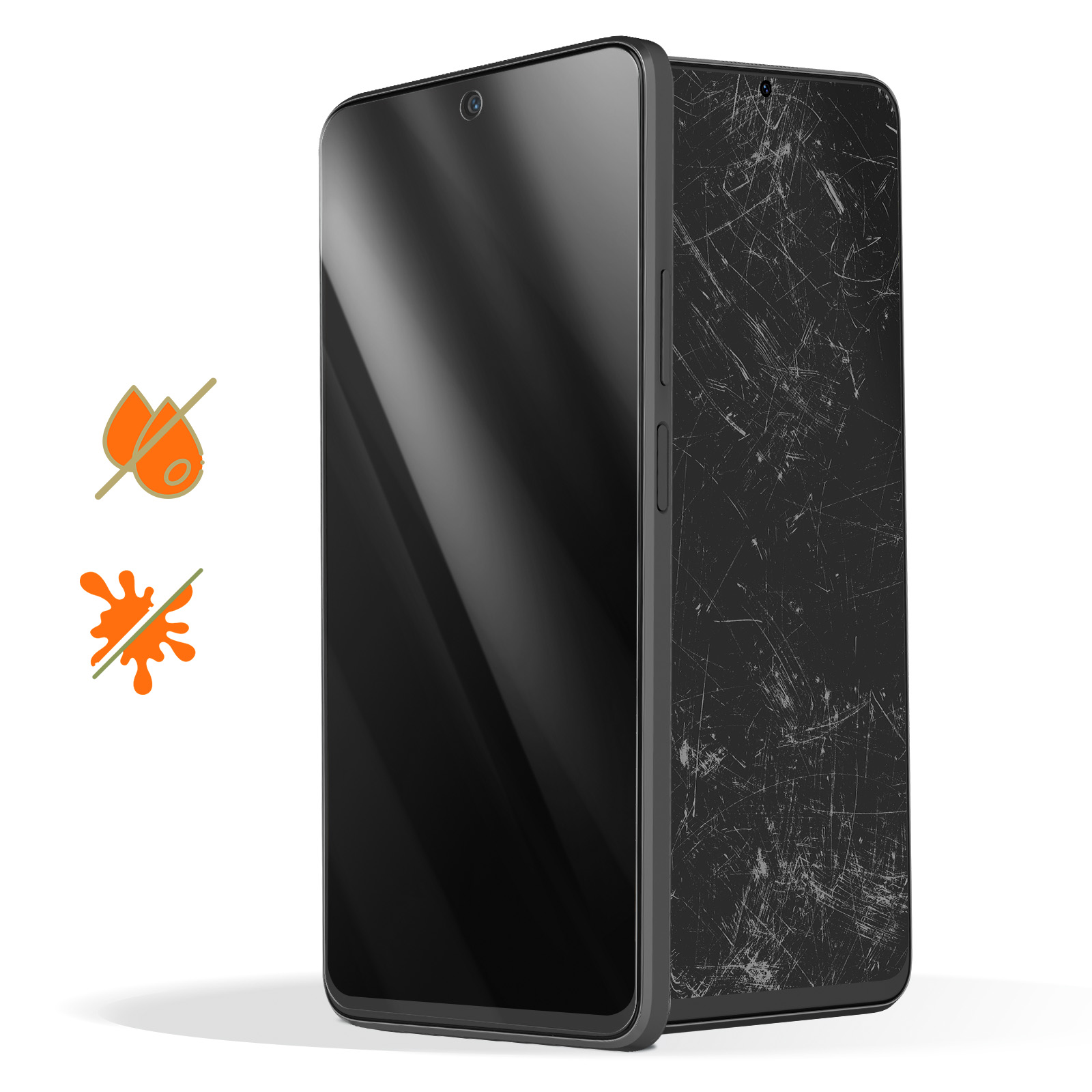 Due smartphone neri, uno intatto, l'altro con schermo rotto. Simboli indicano assenza di acqua/macchie. Sfondo bianco.