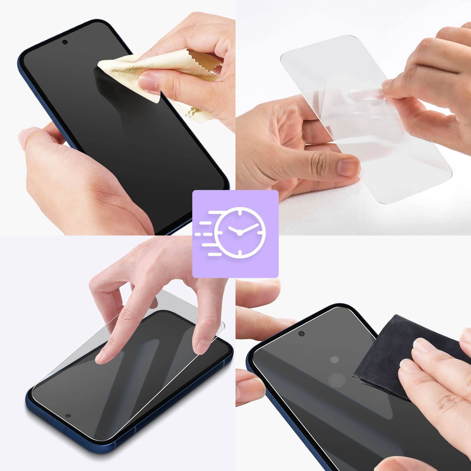 Mani che installano una protezione per lo schermo su uno smartphone. I passaggi includono pulizia, allineamento e lisciatura.