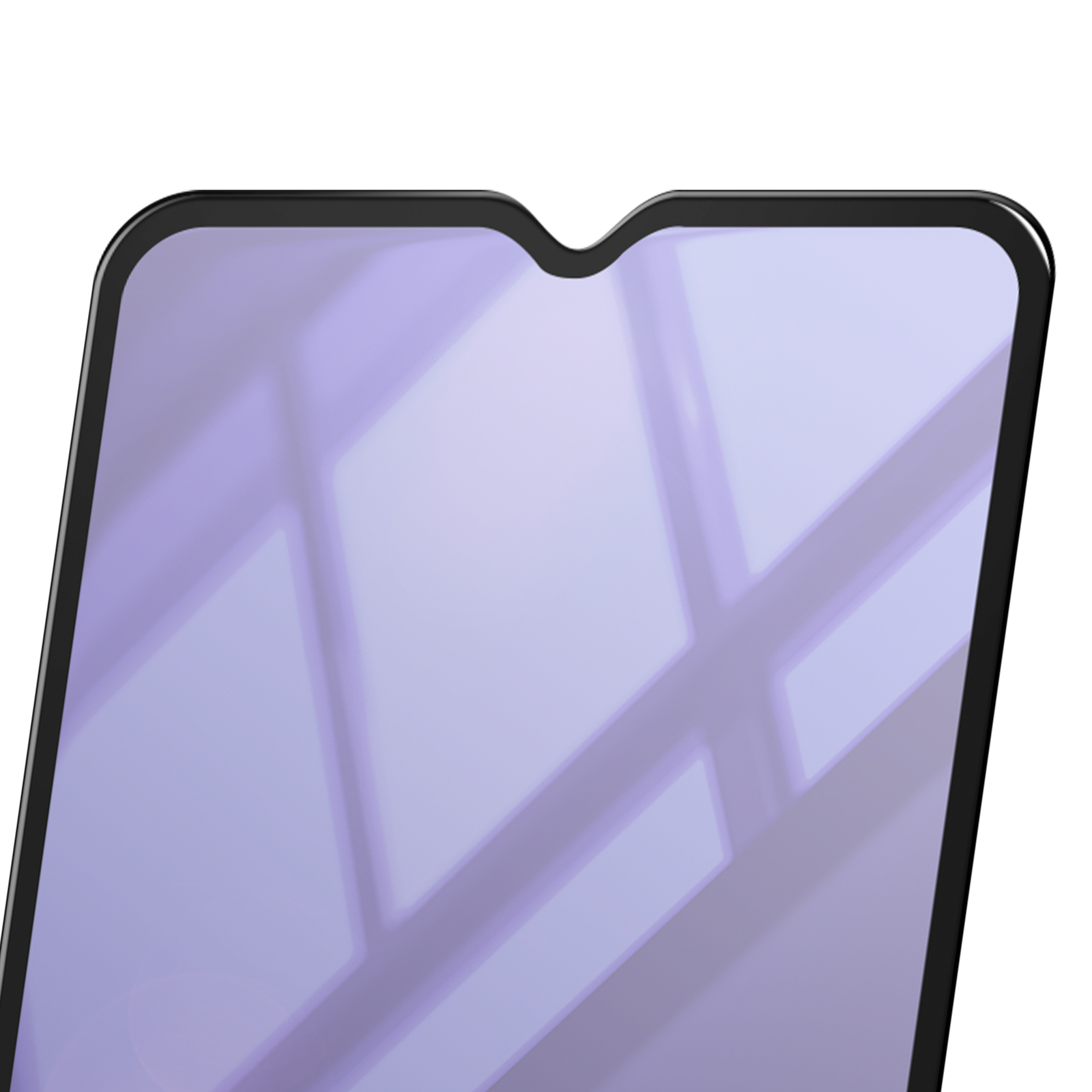 Primo piano di uno smartphone. Lo schermo è lilla chiaro con riflessi di luce. La cornice del telefono è nera.