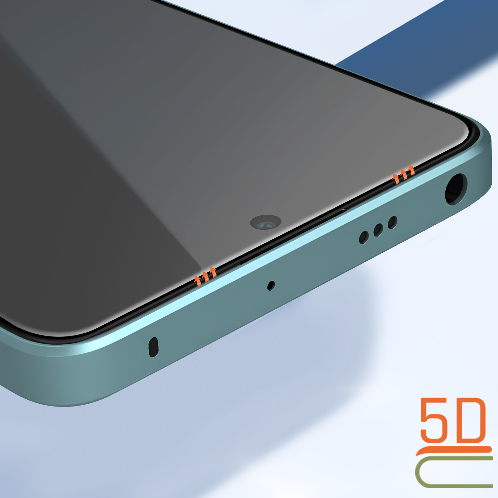 Primo piano di uno smartphone con protezione schermo. Il telefono è turchese, con schermo e diverse porte.