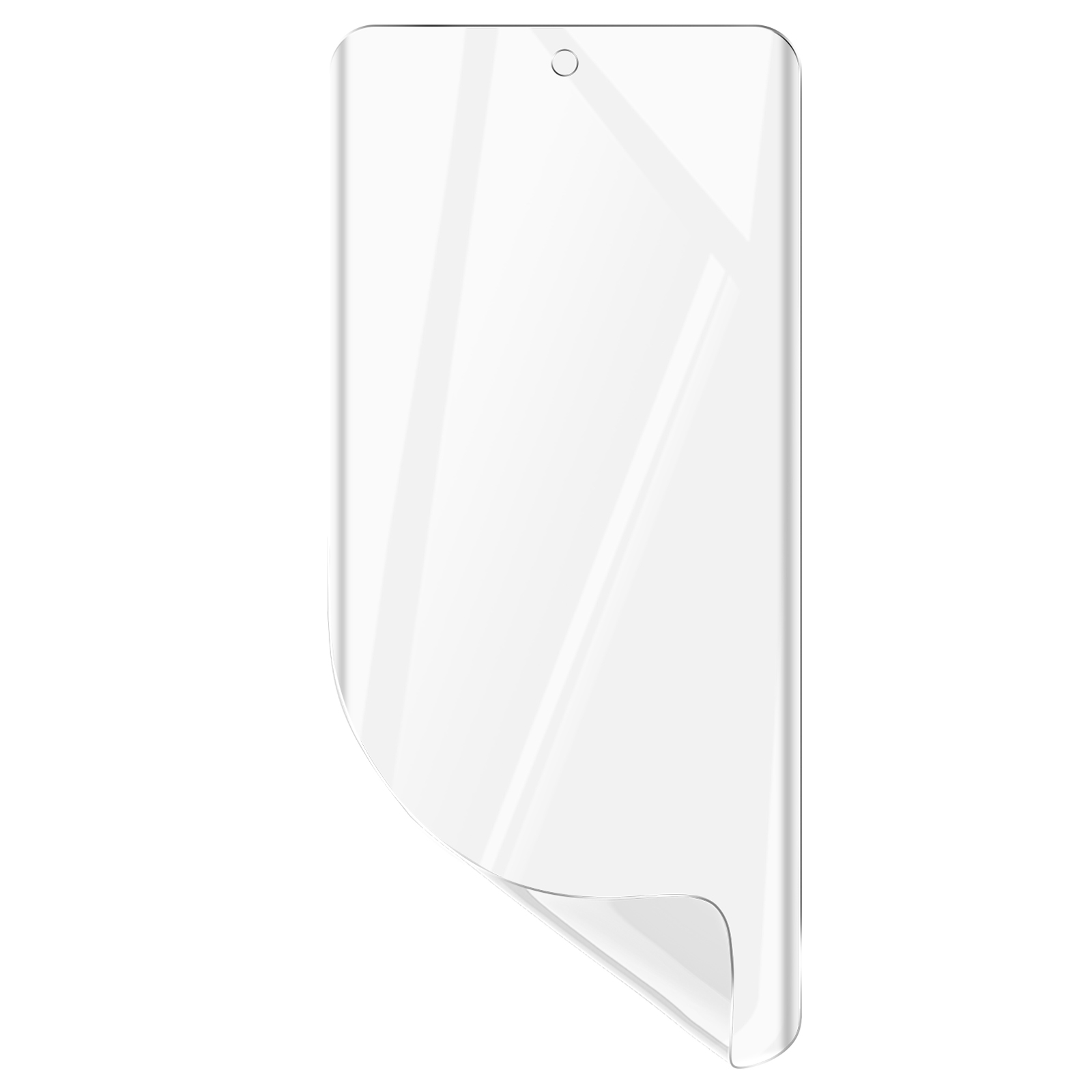 Una protezione schermo trasparente per un telefono. È rettangolare con angoli arrotondati e un piccolo cerchio per la fotocamera frontale.