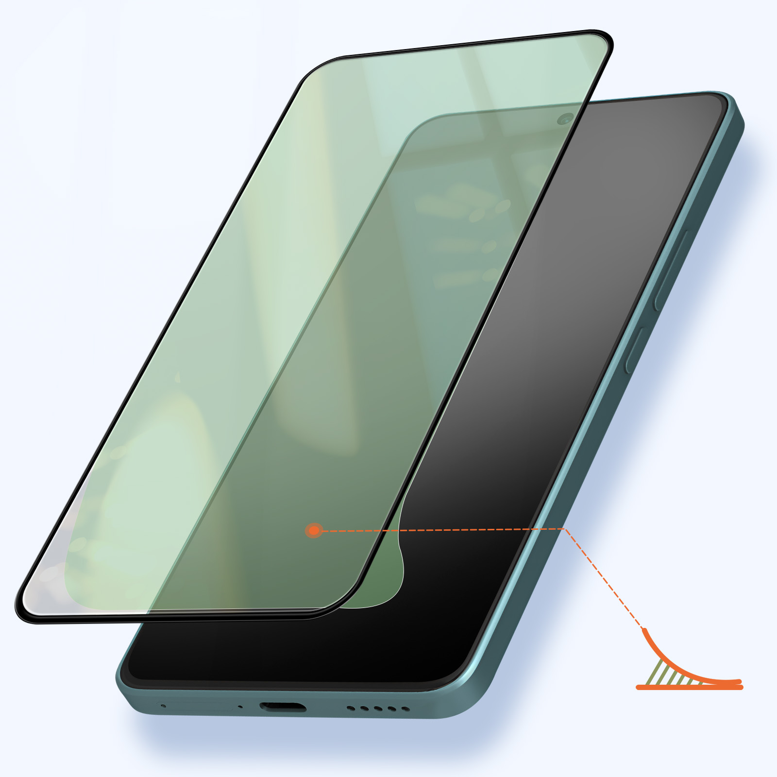 Uno smartphone con una sovrapposizione di protezione dello schermo. Il telefono è verde acqua, lo schermo è nero e la protezione è verde trasparente.