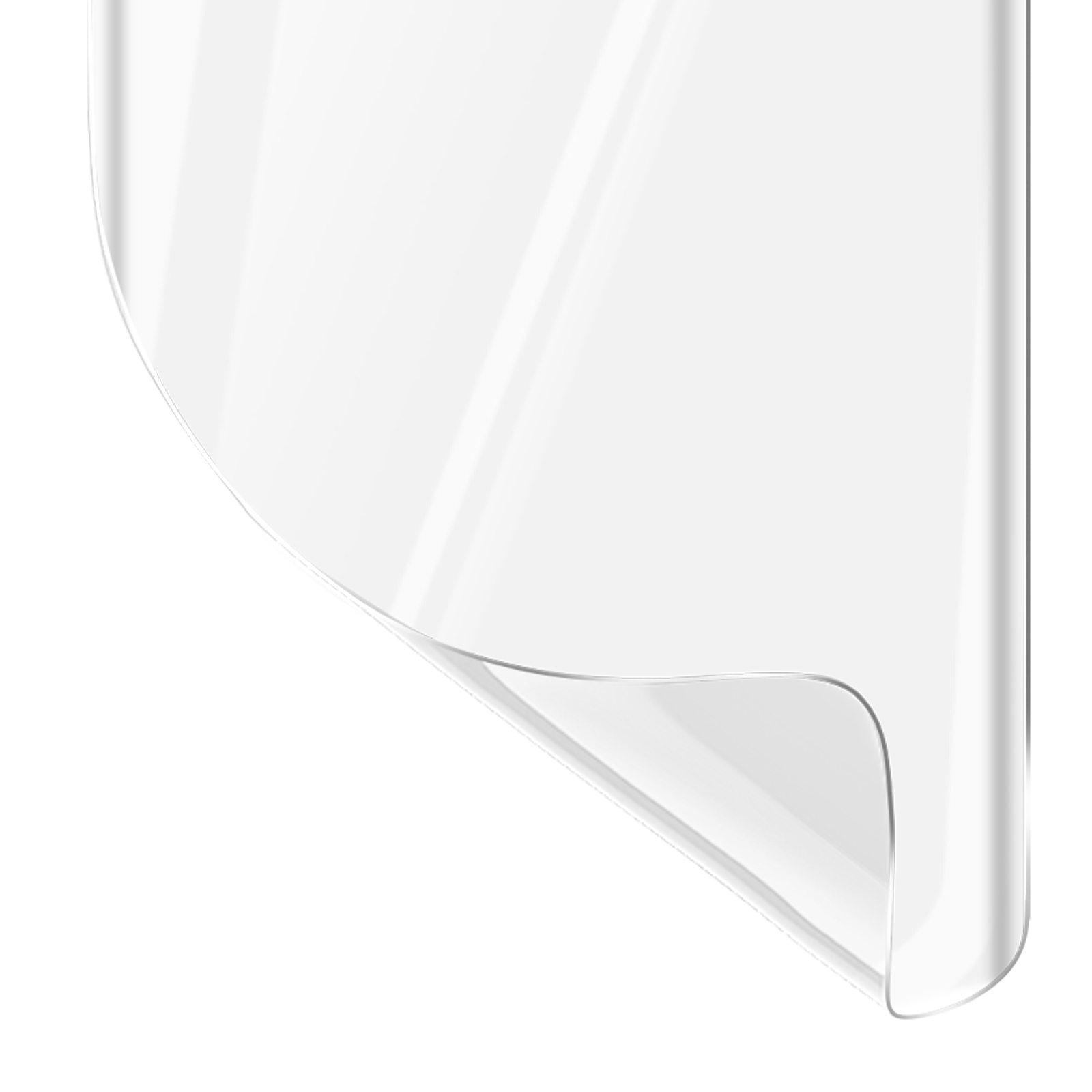 Un foglio di plastica trasparente, leggermente curvo, viene parzialmente staccato da uno sfondo bianco, creando un bordo curvo.