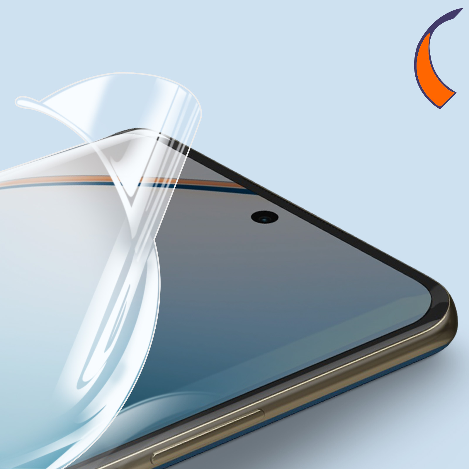 Uno smartphone con una protezione per lo schermo in applicazione. Schermo blu, cornice dorata e grafica arancione e blu nell'angolo.