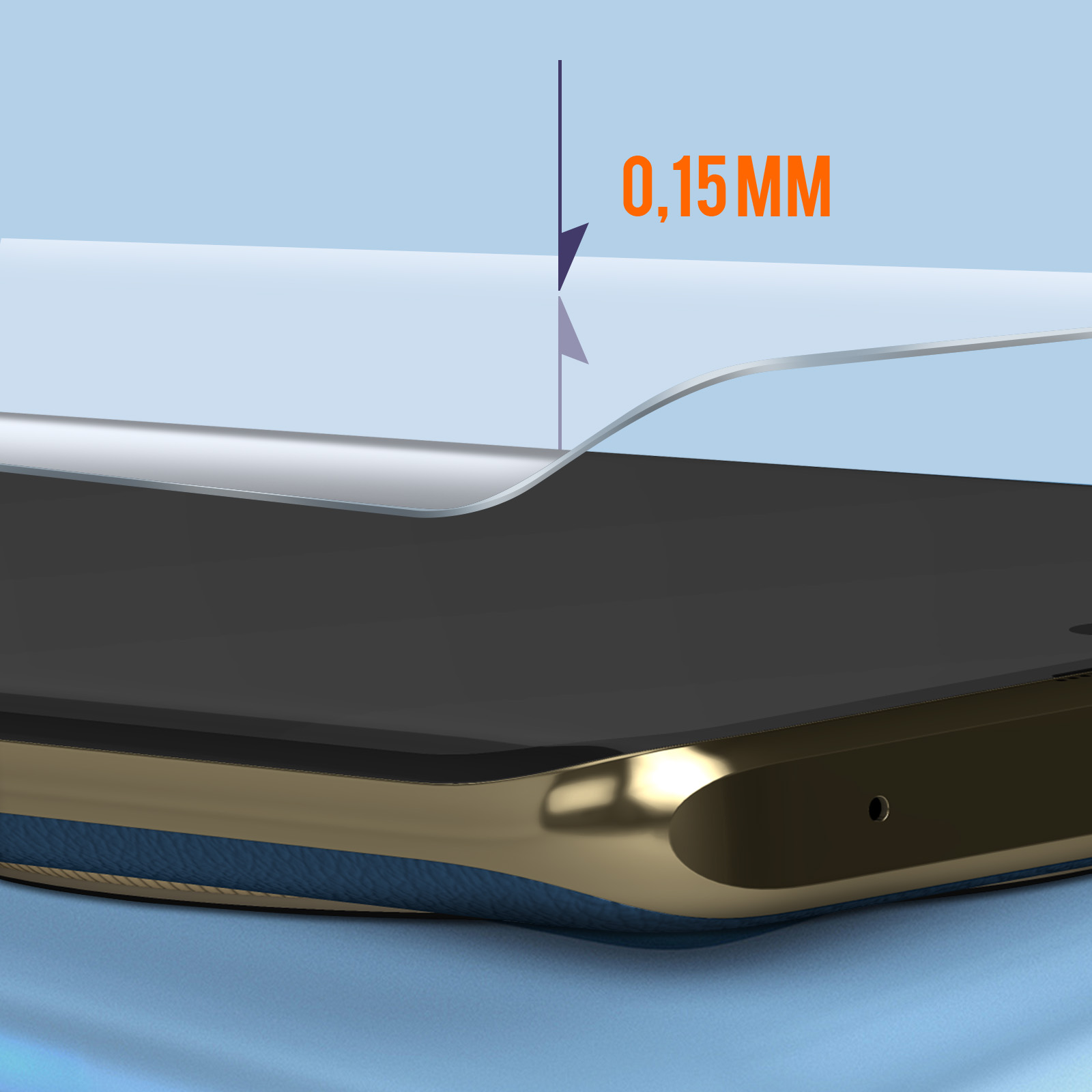 Un telefono con una protezione per lo schermo che viene staccata. La protezione è spessa 0,15 mm. Il telefono ha bordi dorati.