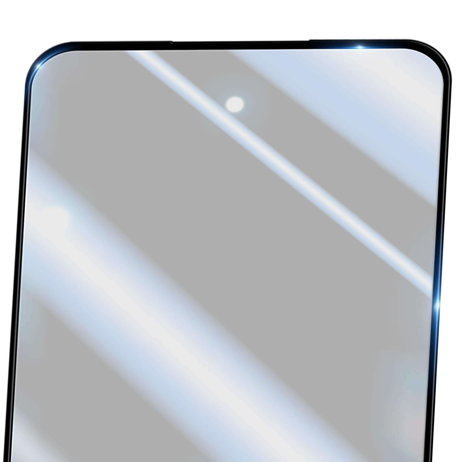 Primo piano di uno schermo di smartphone. Lo schermo è grigio, con riflessi e un piccolo punto bianco al centro. Bordo nero.