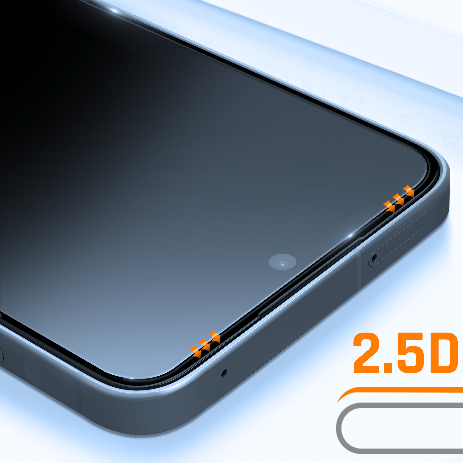 Primo piano di uno smartphone, che evidenzia i bordi curvi. Frecce arancioni puntano al bordo dello schermo. Il testo '2.5D' è visualizzato.