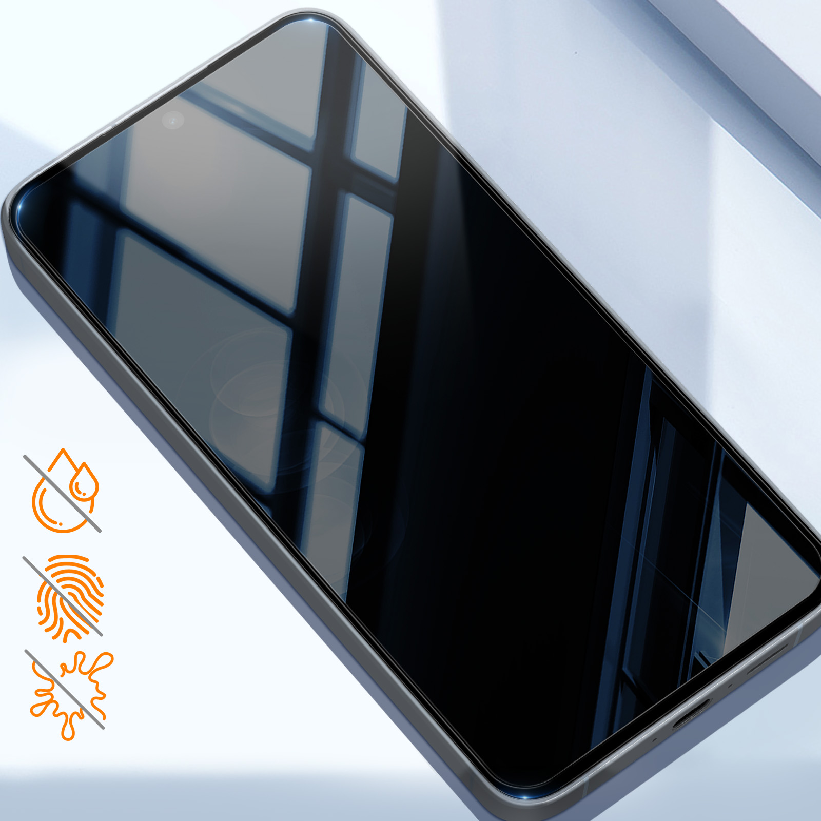 Uno smartphone con protezione schermo. Lo schermo è nero. Sono visibili icone di goccia d'acqua, impronta digitale e schizzo.