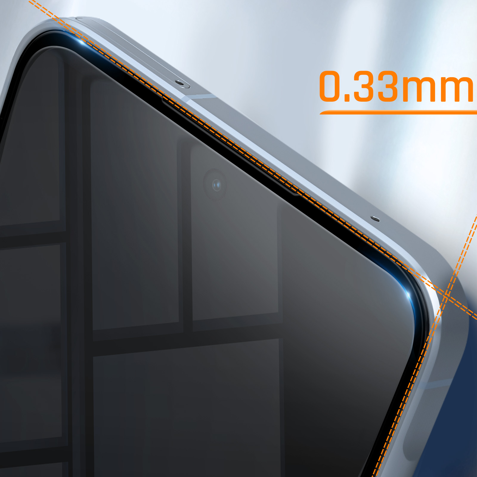 Primo piano di un angolo di smartphone con schermo, fotocamera e testo '0,33 mm'.