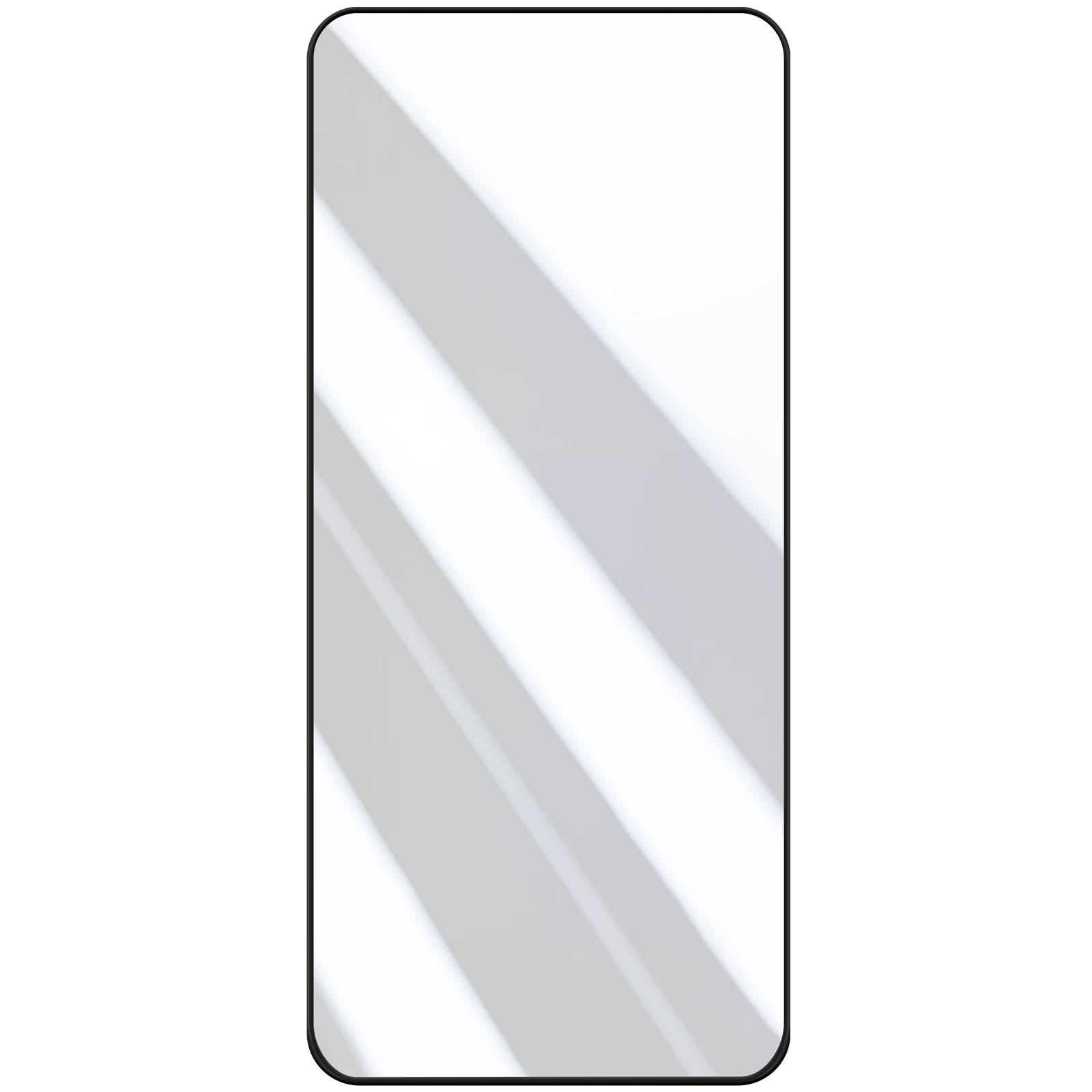 Uno specchio rettangolare con angoli arrotondati e cornice nera. Ombre diagonali attraversano la superficie.
