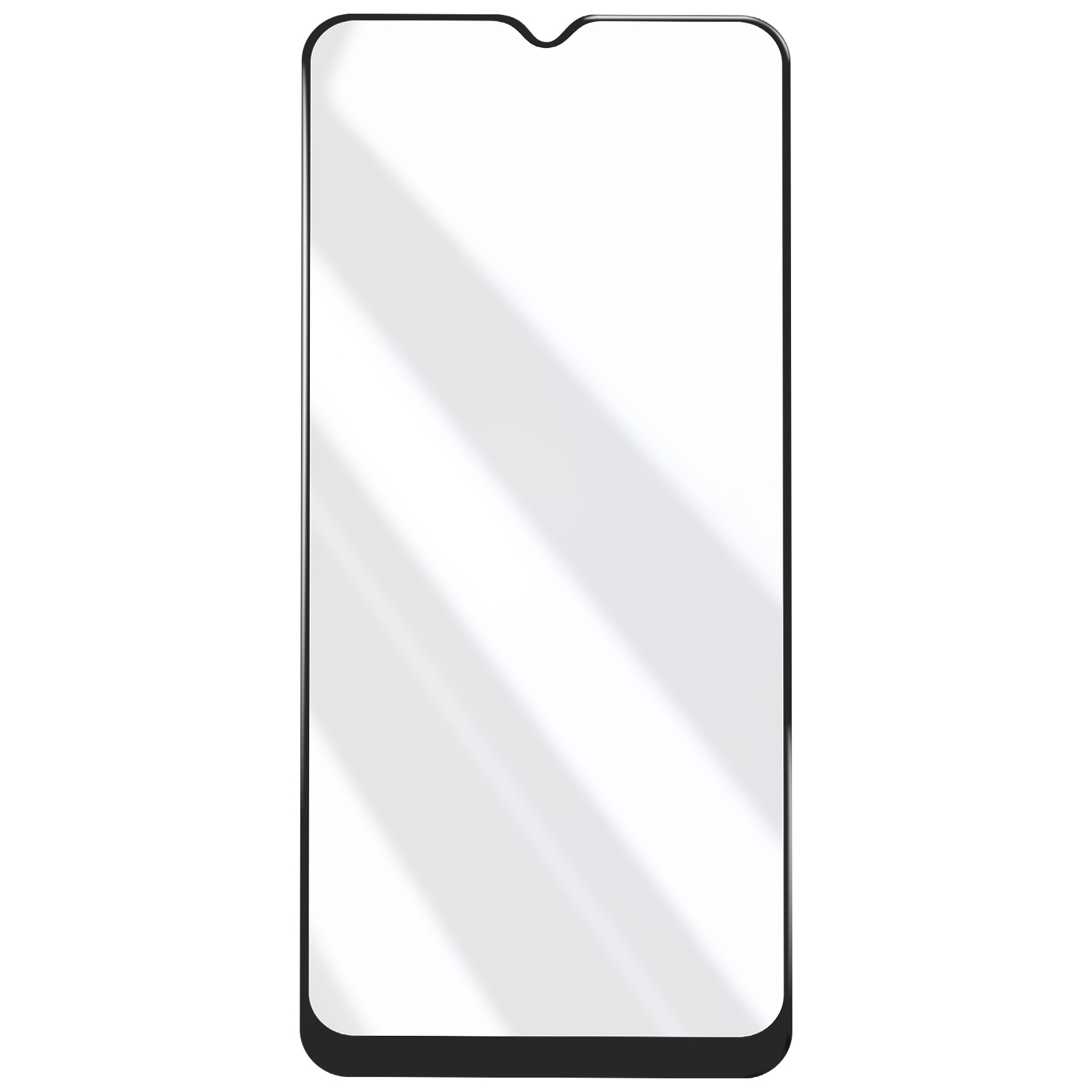 Un proteggi schermo rettangolare per smartphone, bordo nero, interno bianco con luce e ombra.