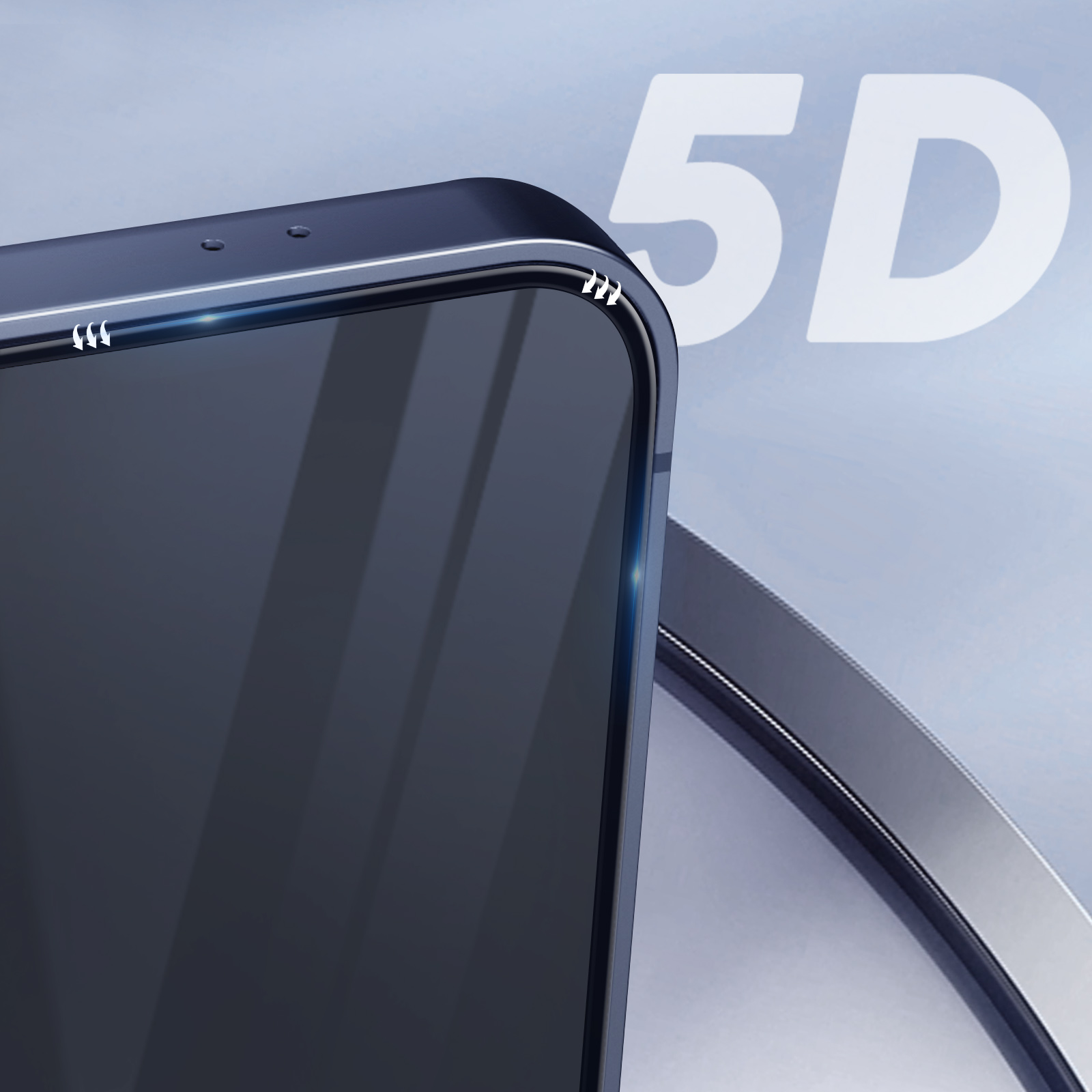 Primo piano di telefono con schermo scuro e testo 5D. Il telefono è blu scuro, con schermo curvo e cornice nera.