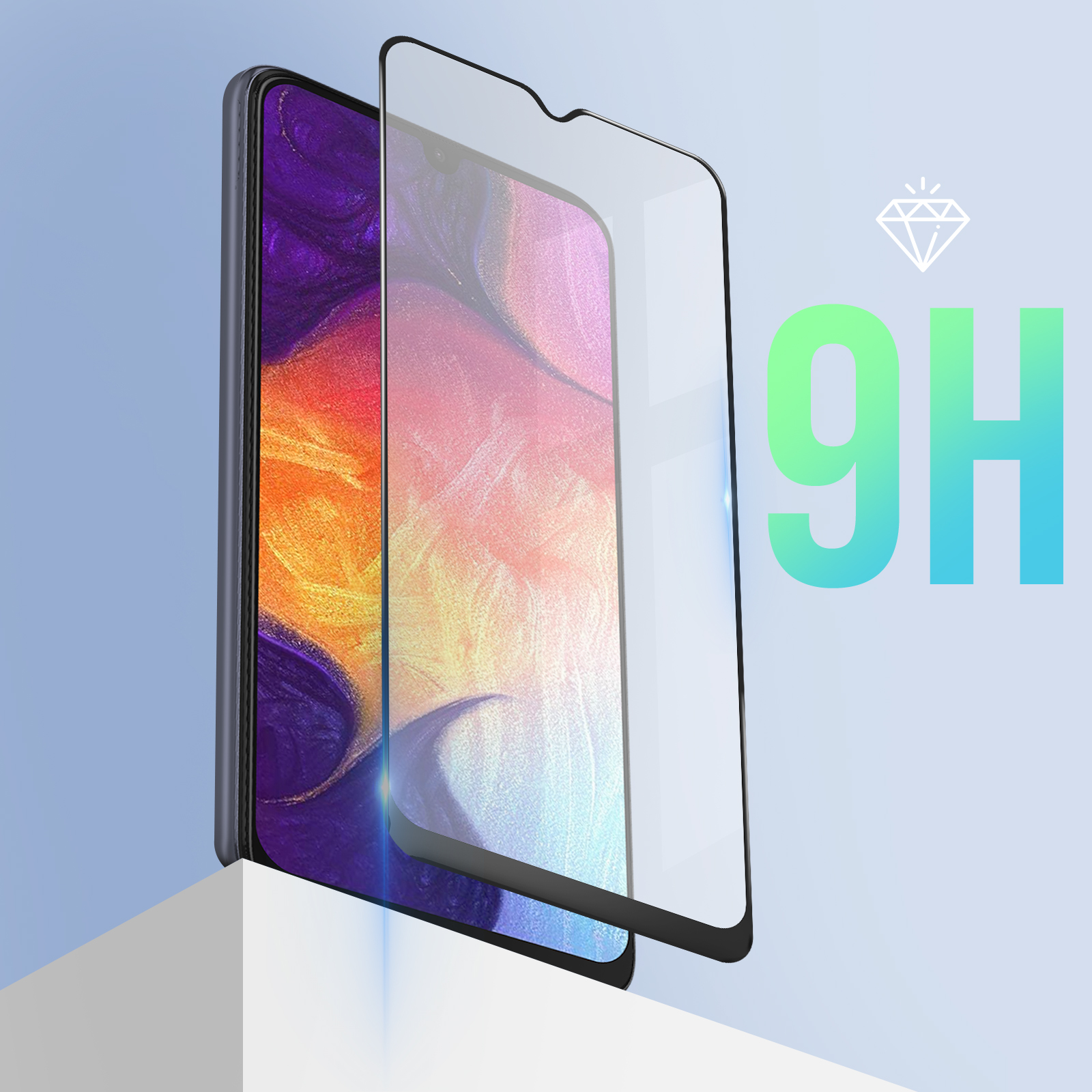Uno smartphone con una protezione per lo schermo. Il telefono è su una superficie bianca, con sfondo blu e testo '9H'.