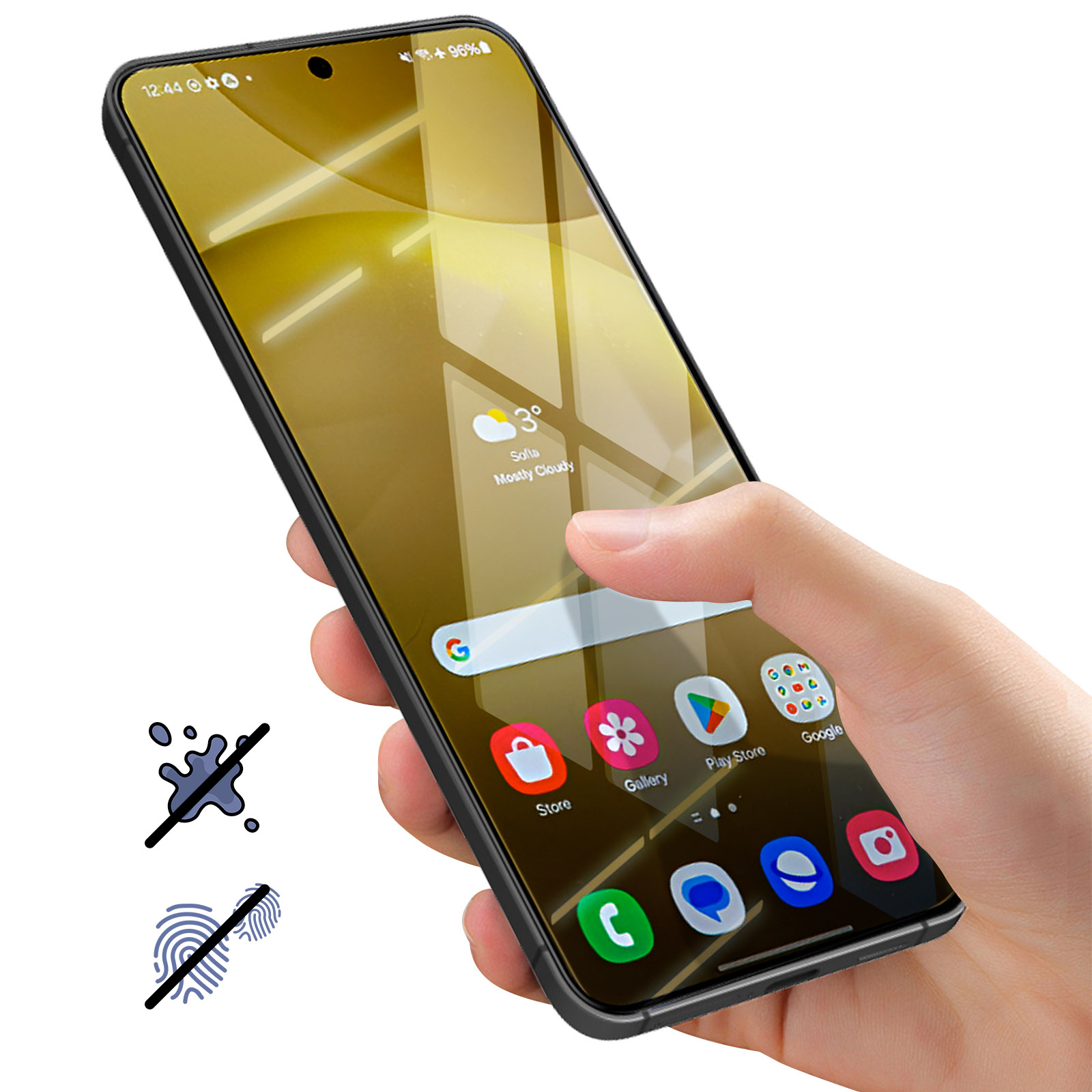 Mano che tiene uno smartphone. Lo schermo mostra icone e un widget meteo. Icone di protezione da acqua e impronte digitali sono presenti.