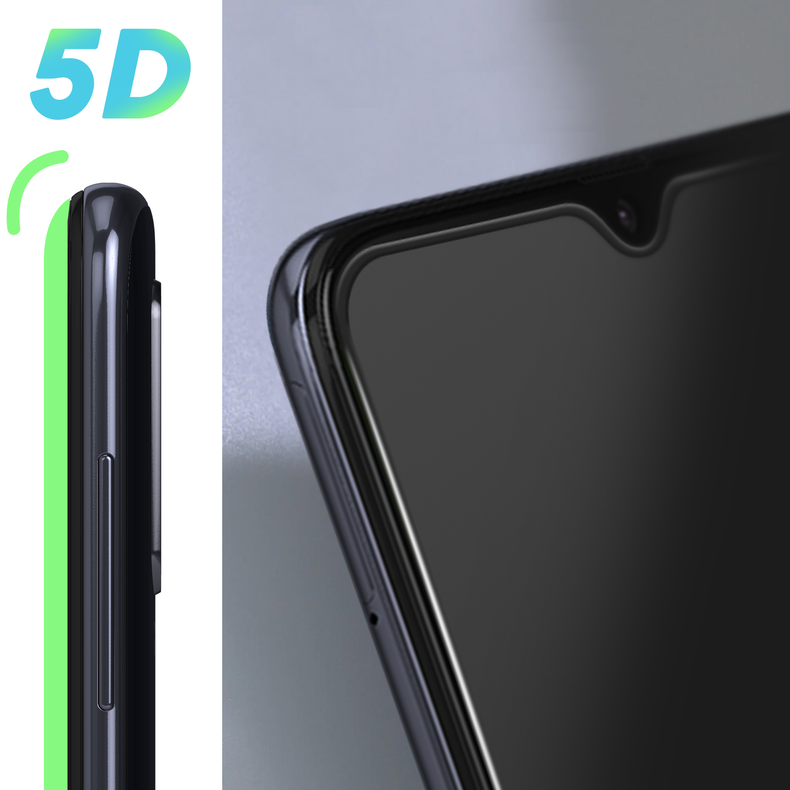 Un primo piano di uno smartphone nero. Lo schermo è scuro, mostrando una tacca e una fotocamera. Il lato del telefono ha dei pulsanti.
