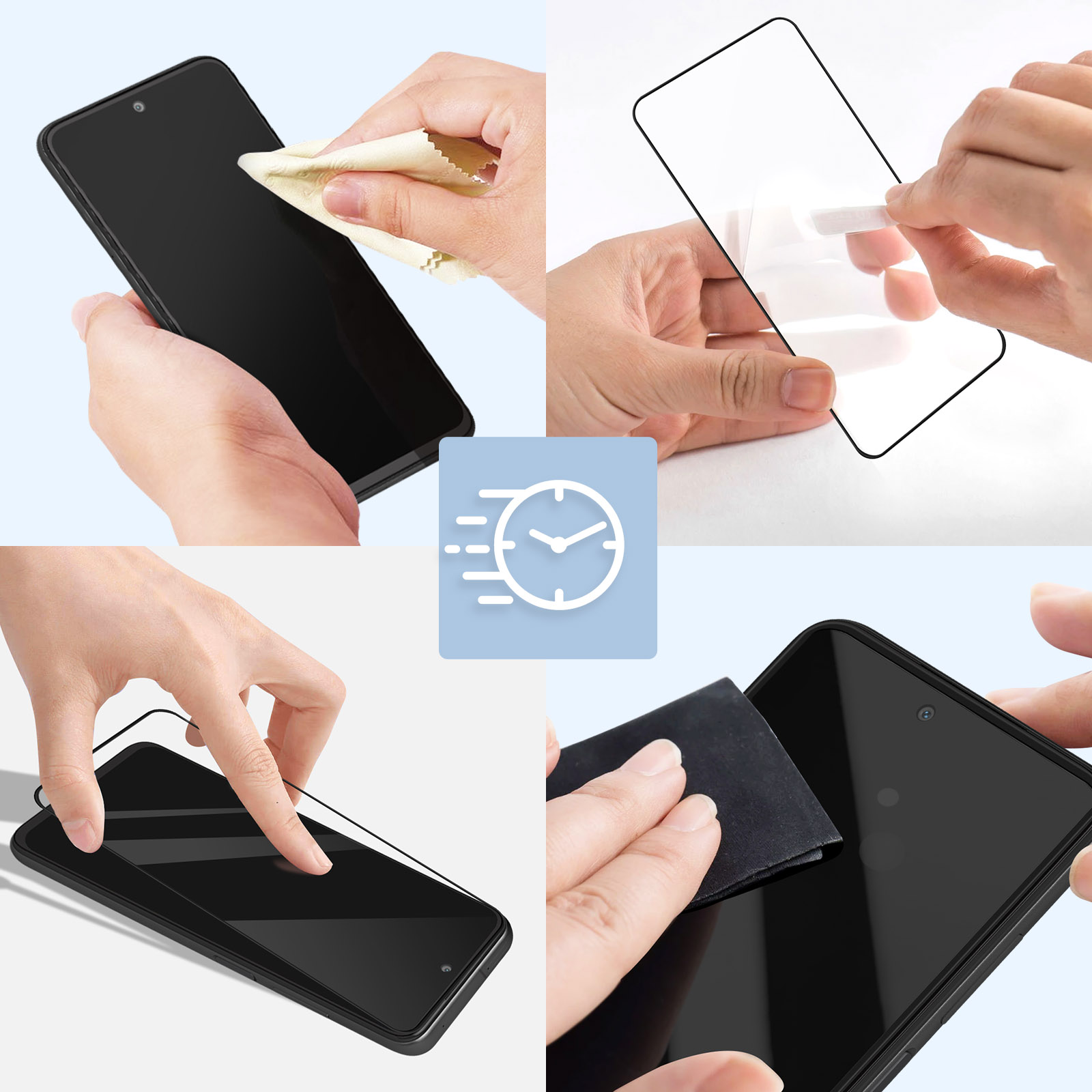 Mani che applicano una protezione per lo schermo a uno smartphone, pulendo lo schermo e rimuovendo le bolle d'aria. Un'icona dell'orologio è al centro.