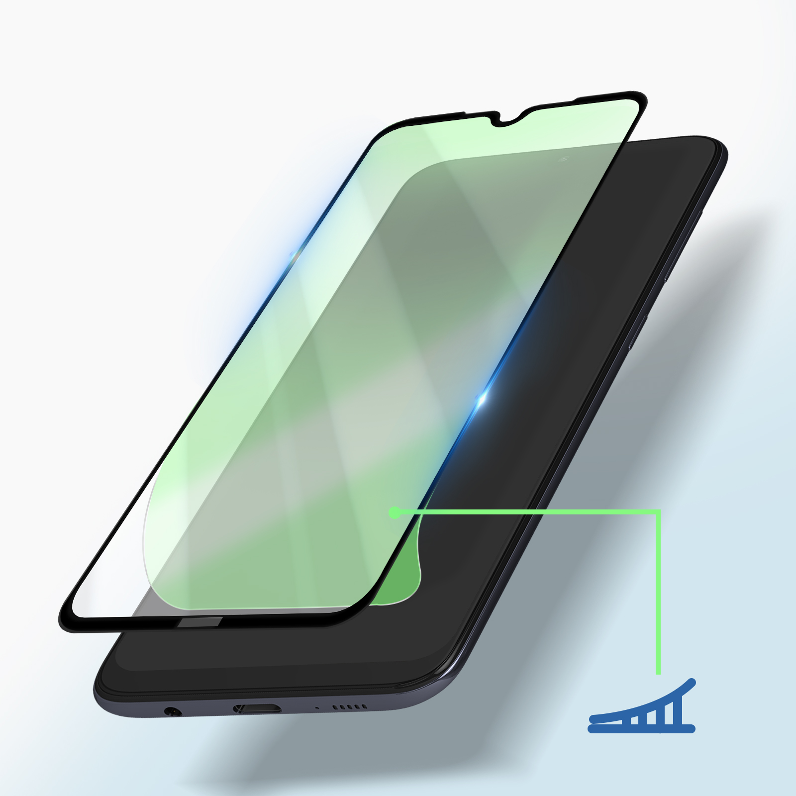 Un telefono con protezione schermo. La protezione schermo è verde e il telefono è nero. Un diagramma è in basso a destra.