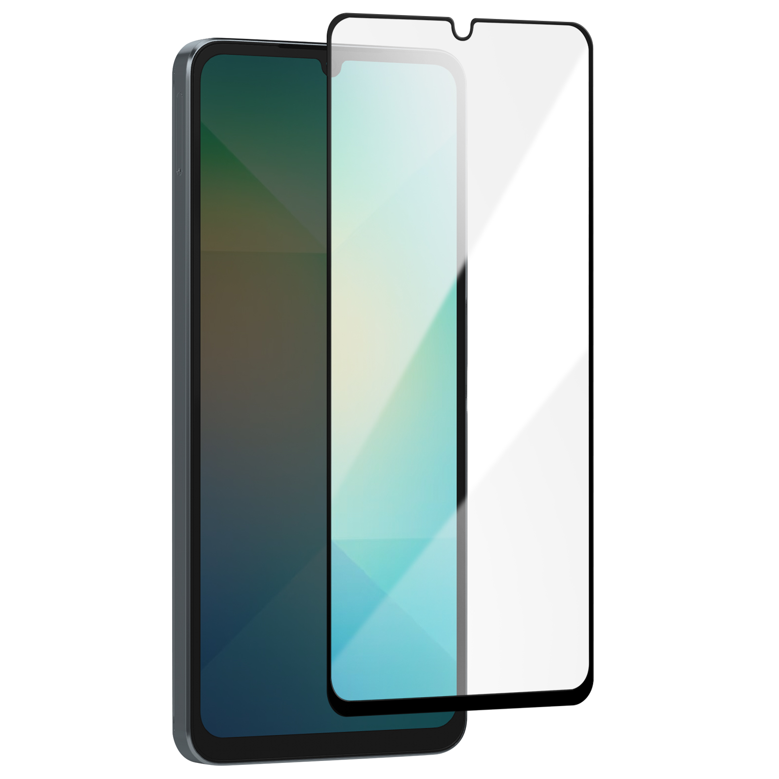 Uno smartphone con protezione per lo schermo, entrambi con bordi neri. Il telefono ha un display verde scuro, la protezione è trasparente.