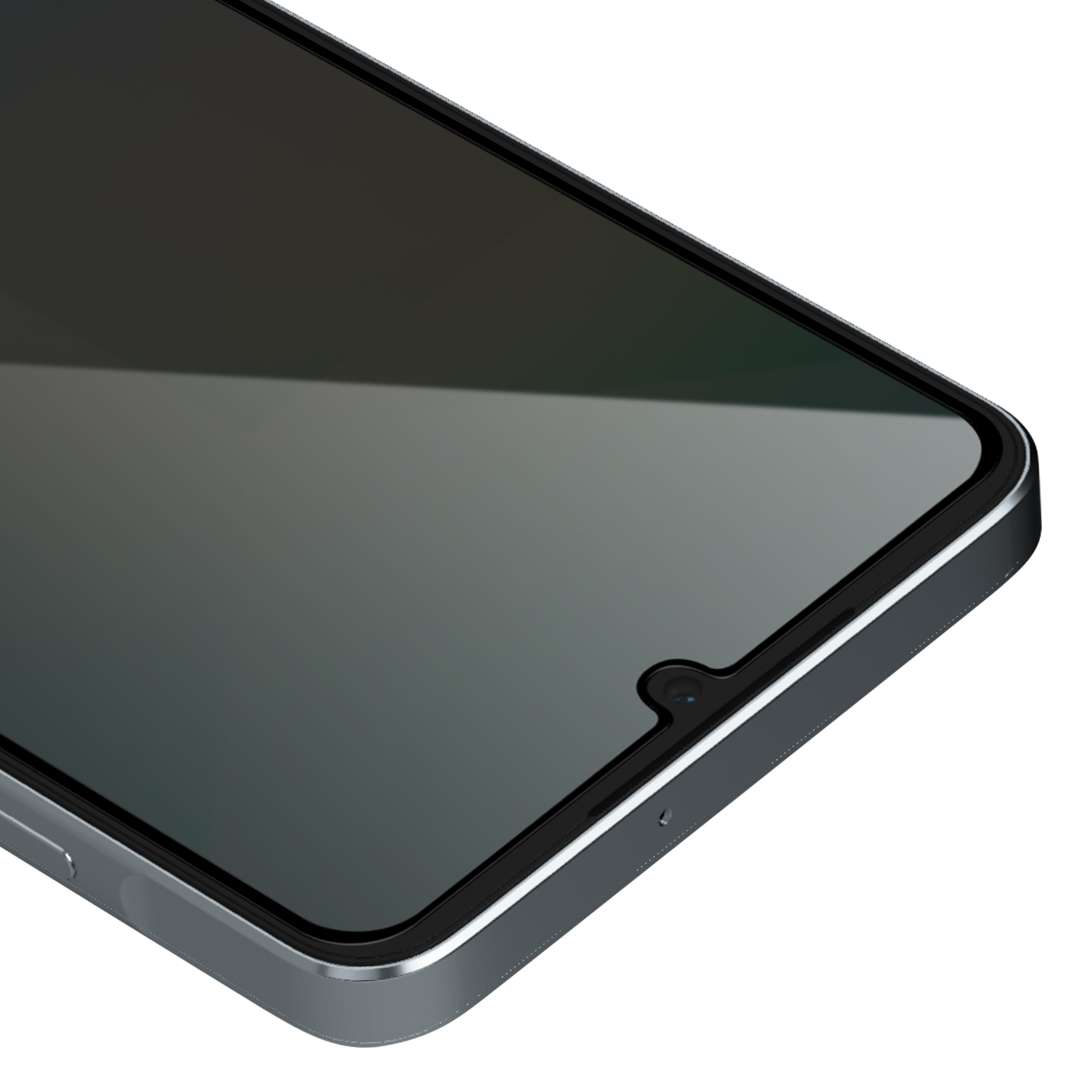 Primo piano di uno smartphone. Lo schermo è scuro con una fotocamera. Il telefono ha una cornice argentata e un bordo nero.