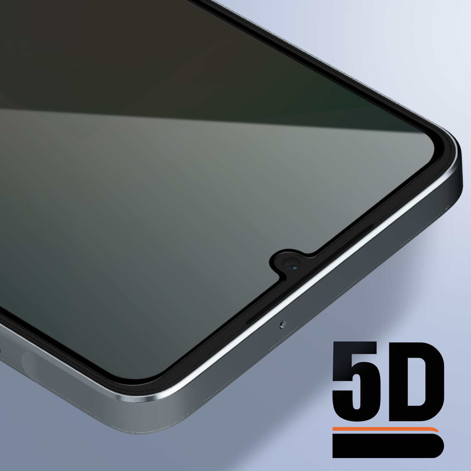 Primo piano di una protezione schermo per smartphone. Lo schermo è grigio scuro, la cornice argentata. Testo 5D in basso.