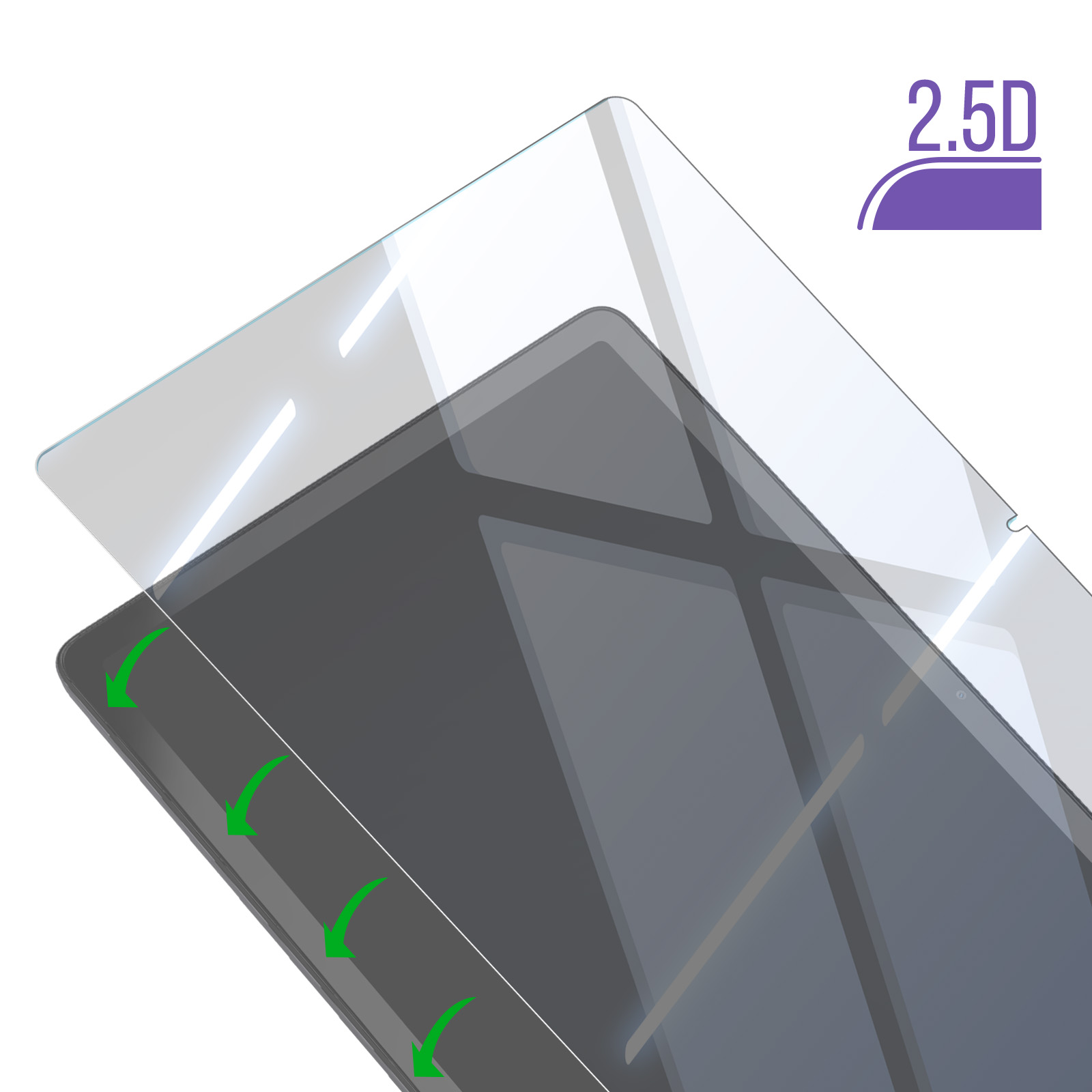 Un proteggi schermo applicato a un telefono. Frecce verdi indicano l'installazione. Testo: '2.5D'.