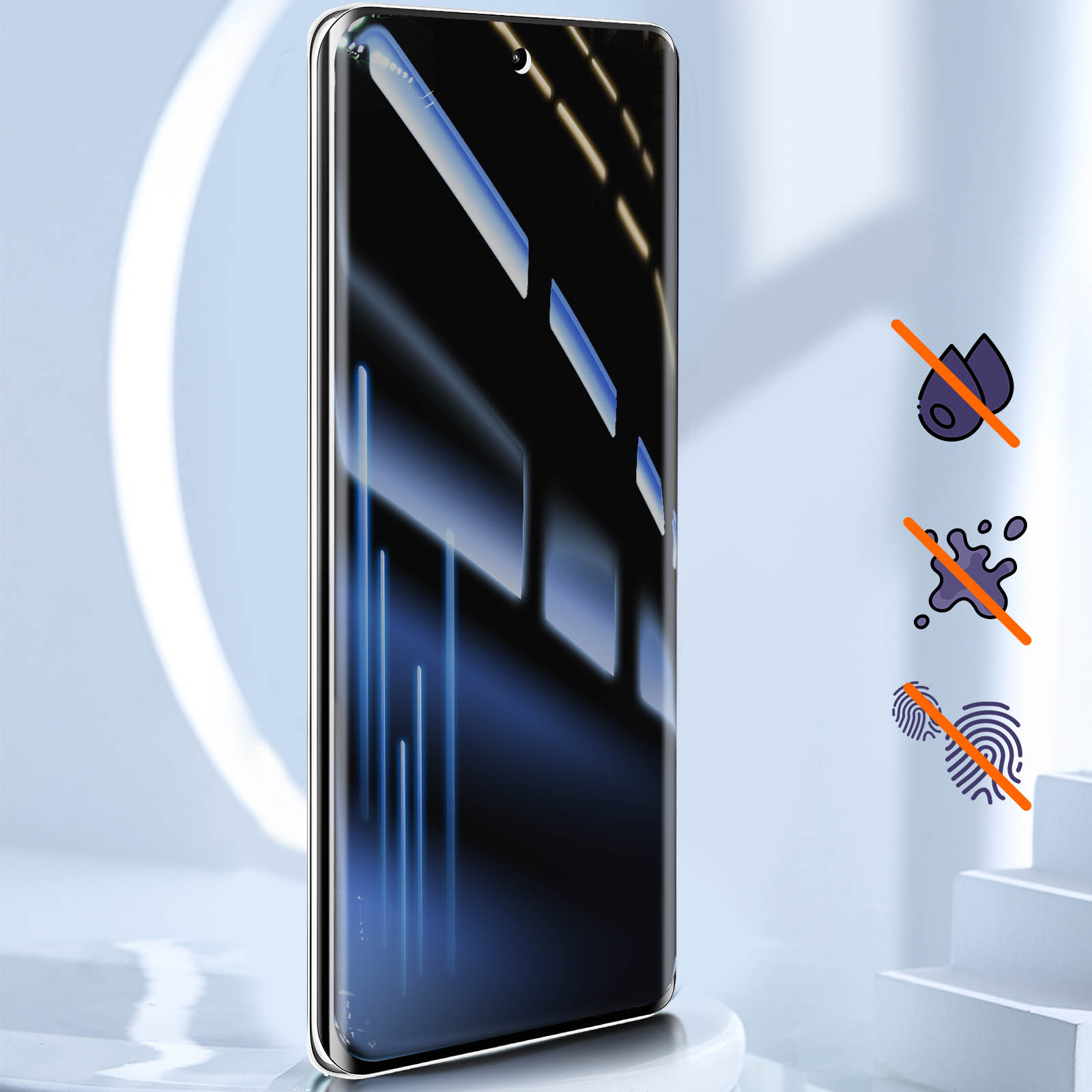 Viene visualizzata una protezione per lo schermo dello smartphone. Lo schermo presenta riflessi blu e bianchi. Sono presenti icone che mostrano l'assenza di acqua, macchie o impronte digitali.