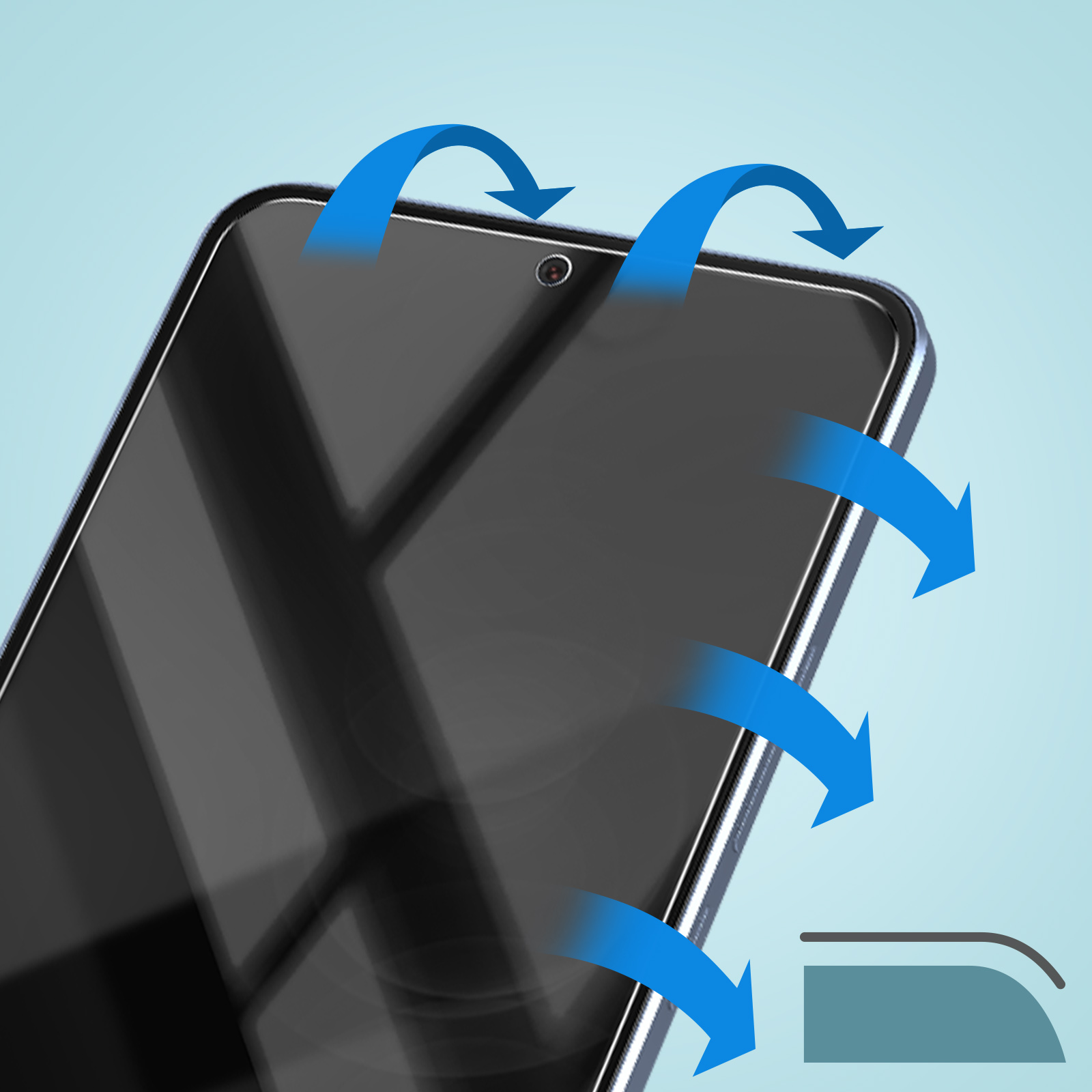 Uno schermo di smartphone con frecce blu che indicano il flusso d'aria. Una piccola icona suggerisce una protezione per lo schermo. Sfondo azzurro.