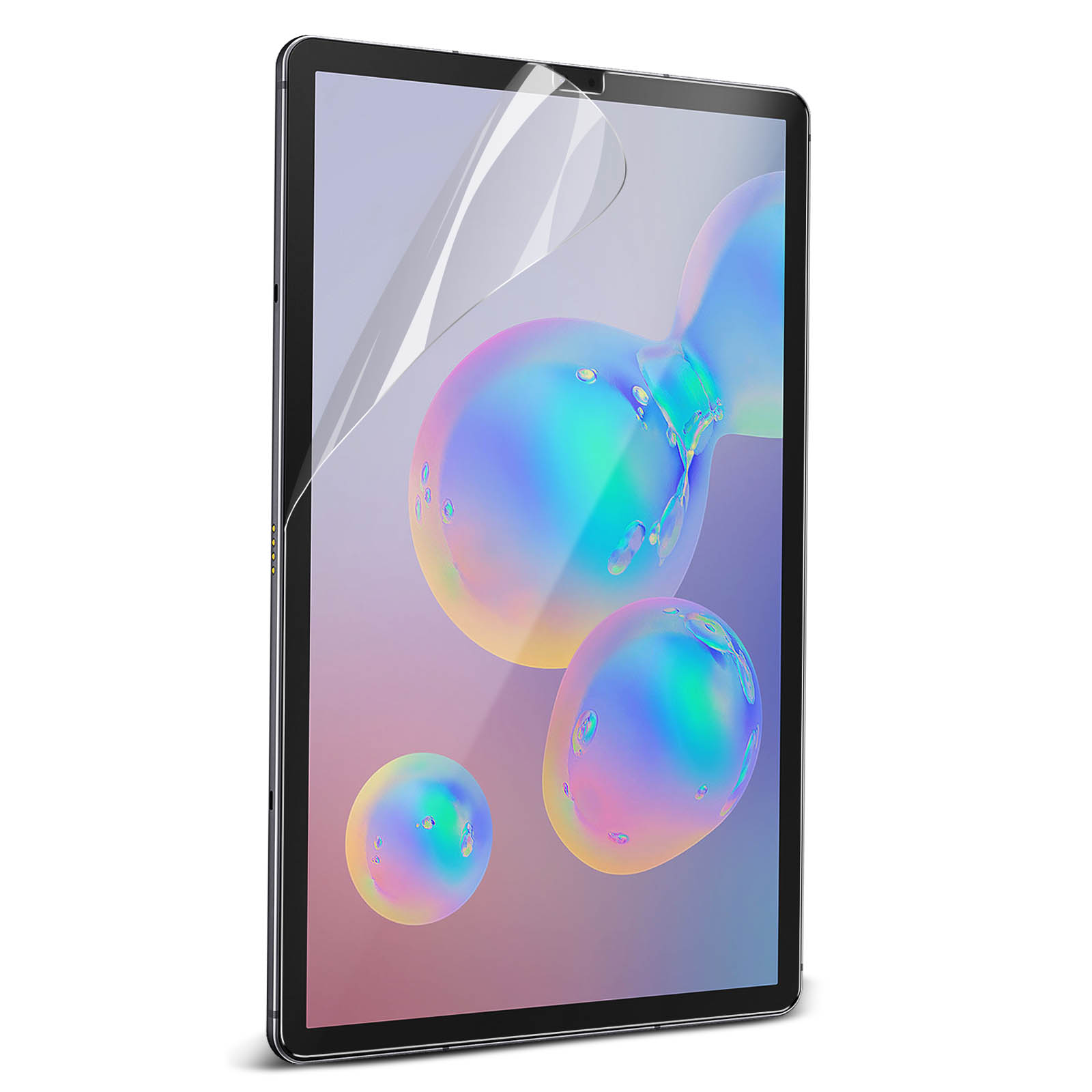 Tablet con protezione schermo applicata. Bolle iridescenti sullo schermo. Il tablet ha una cornice nera.